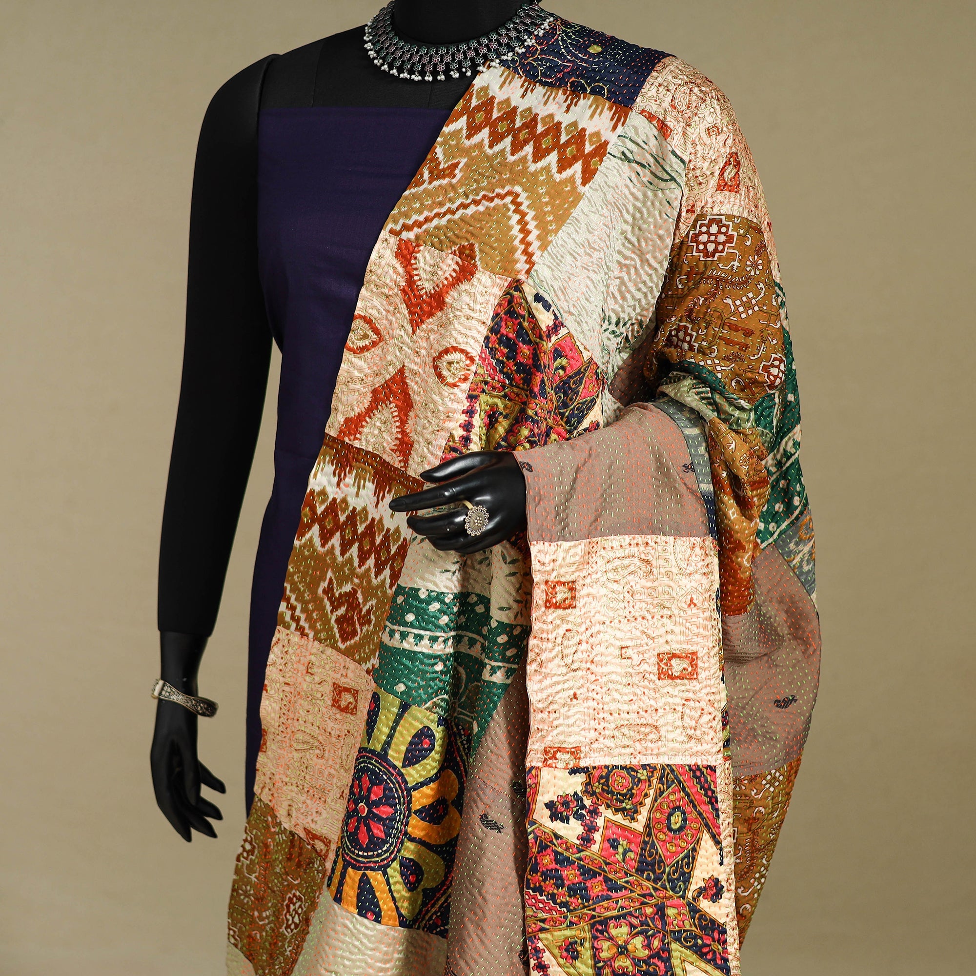 Multicolor - patchwork reversible silk bengal kantha work