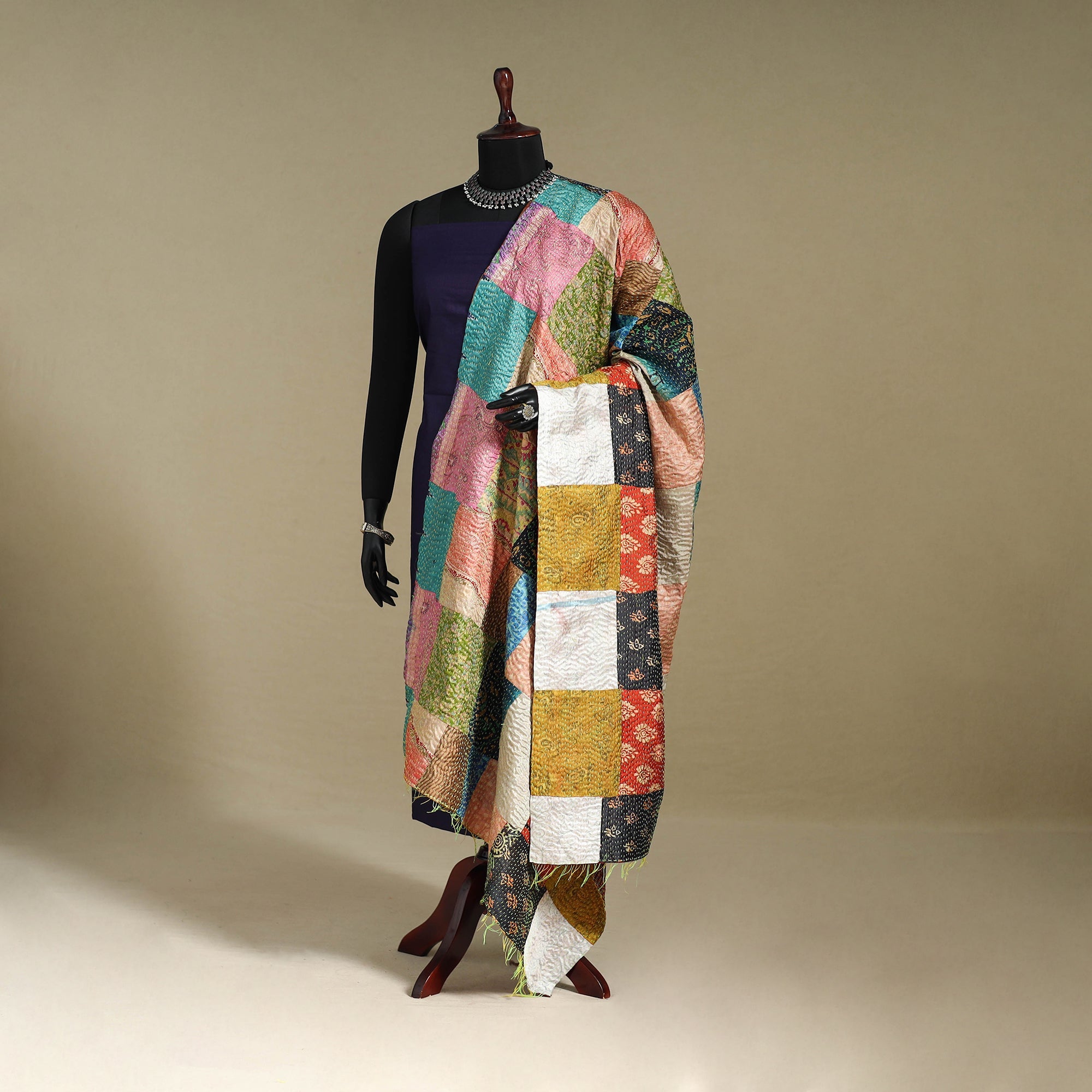 Multicolor - patchwork reversible silk bengal kantha work