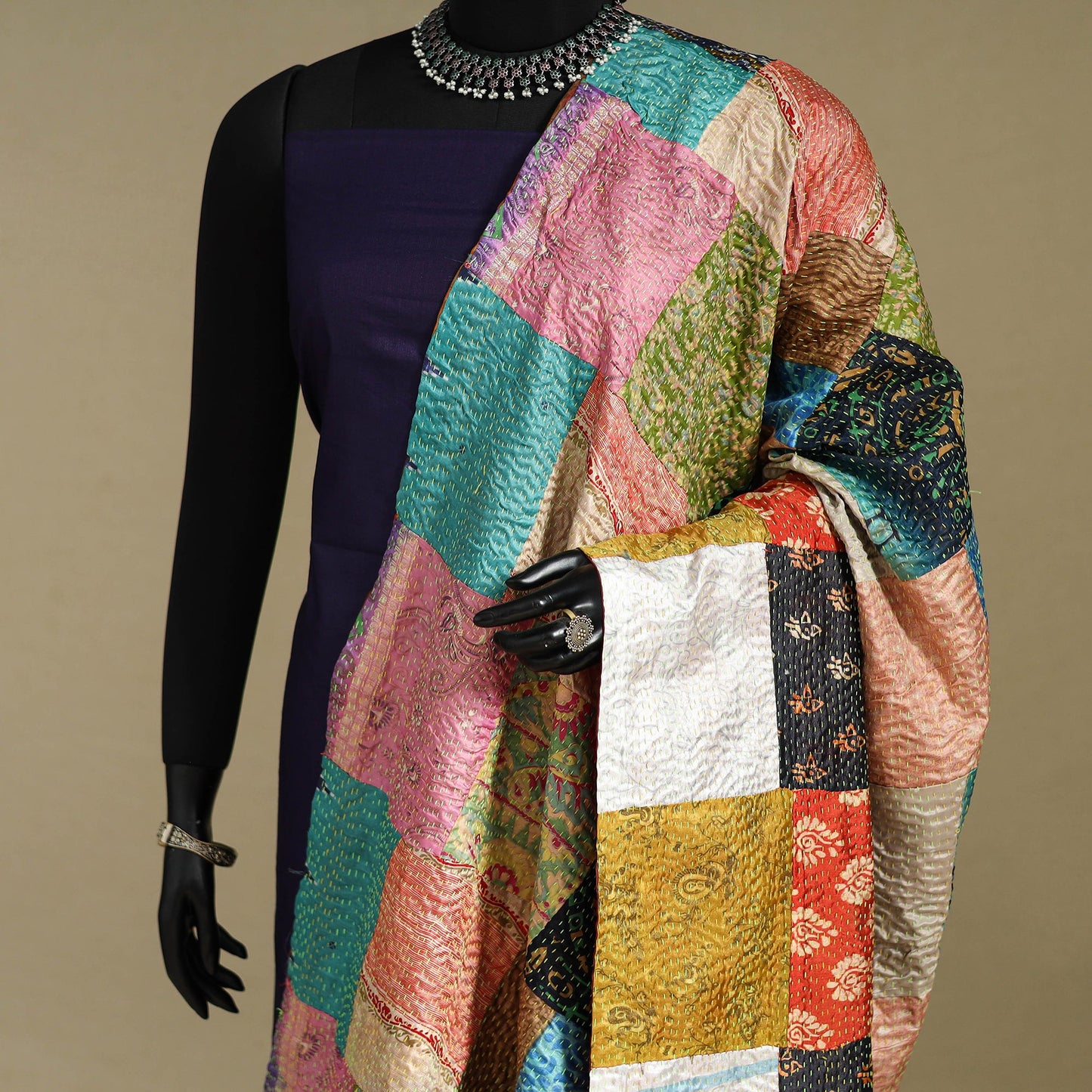 Multicolor - patchwork reversible silk bengal kantha work