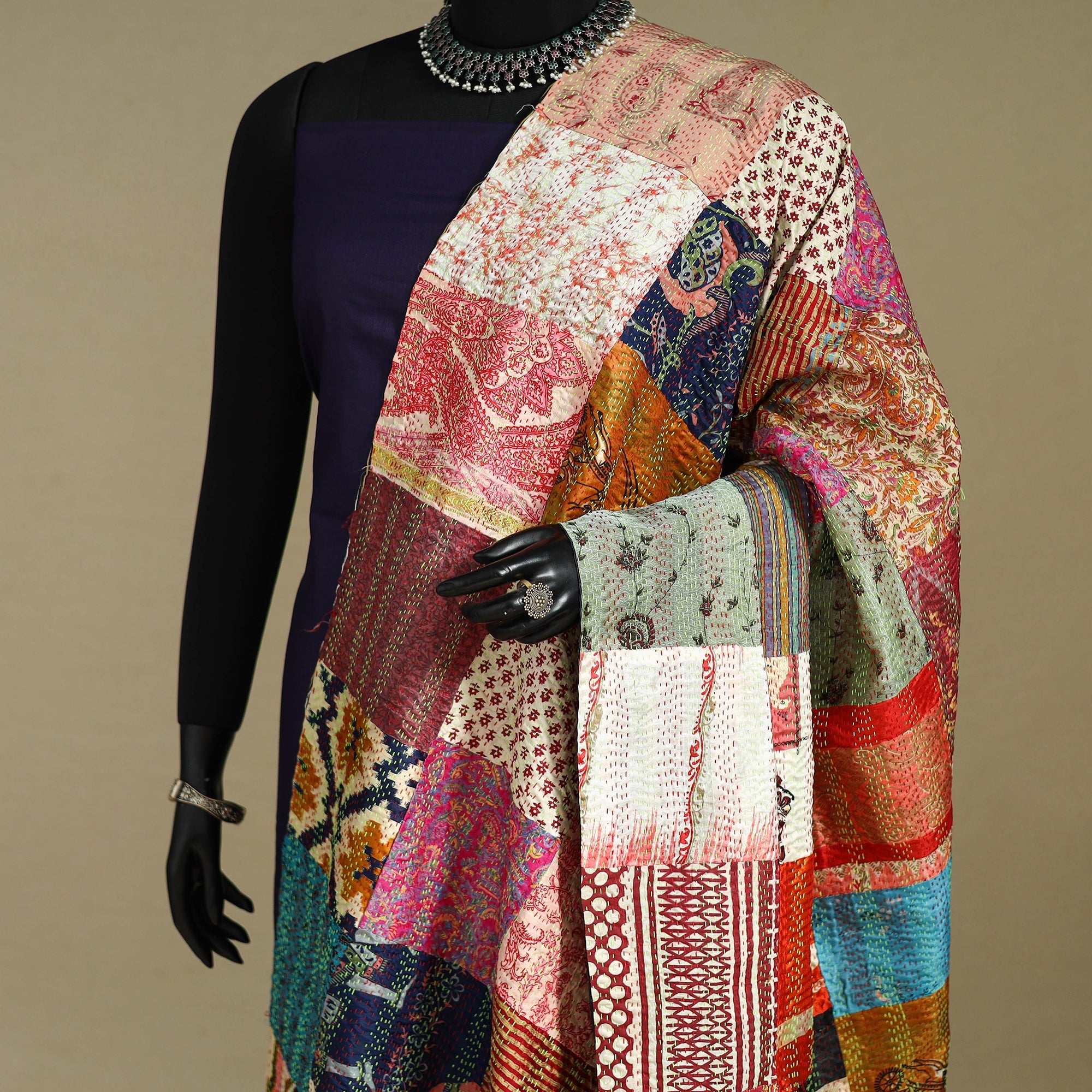Multicolor - patchwork reversible silk bengal kantha work