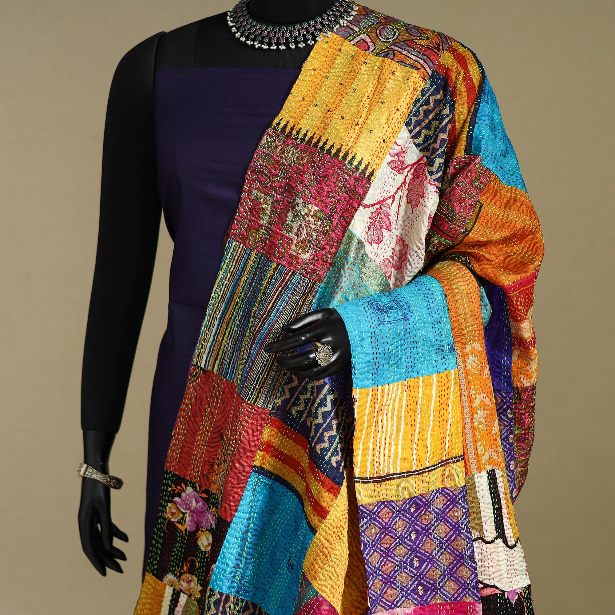 Multicolor - patchwork reversible silk bengal kantha work