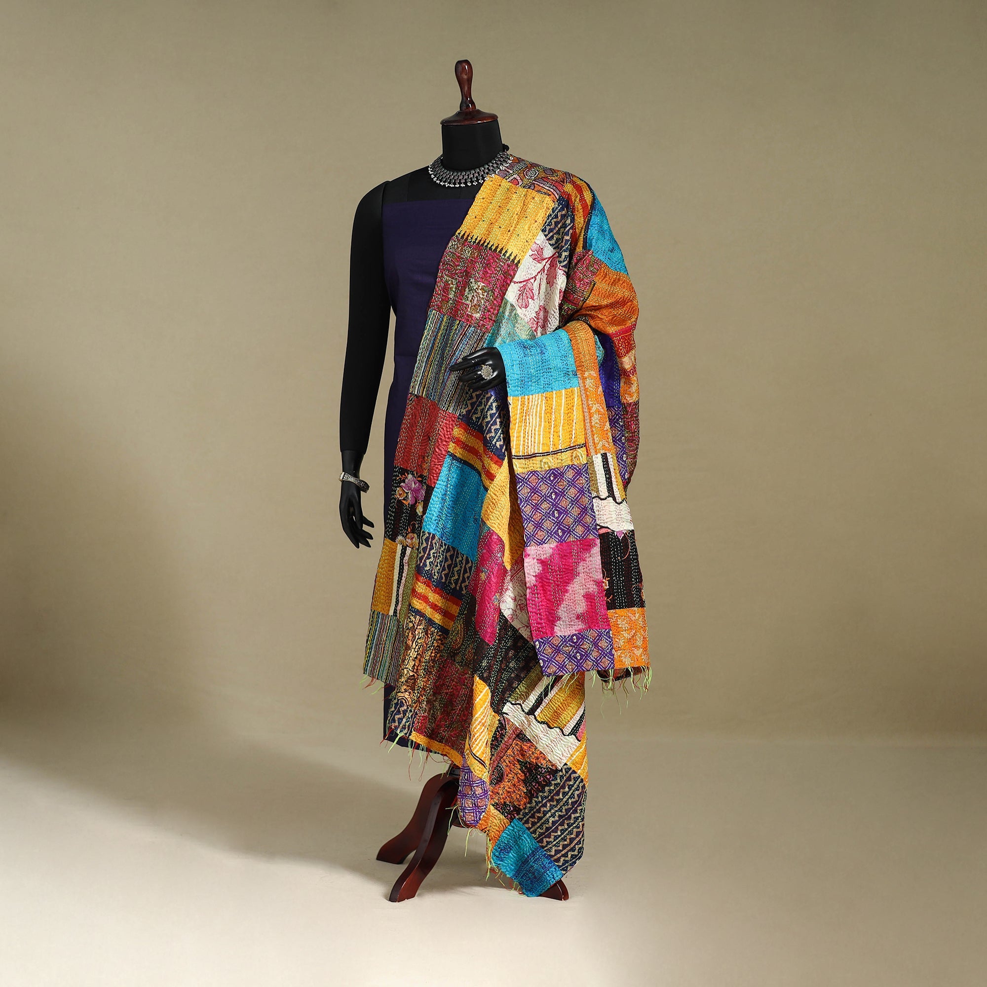 Multicolor - patchwork reversible silk bengal kantha work