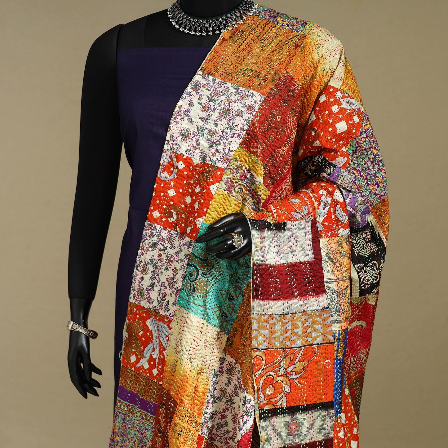 Multicolor - patchwork reversible silk bengal kantha work