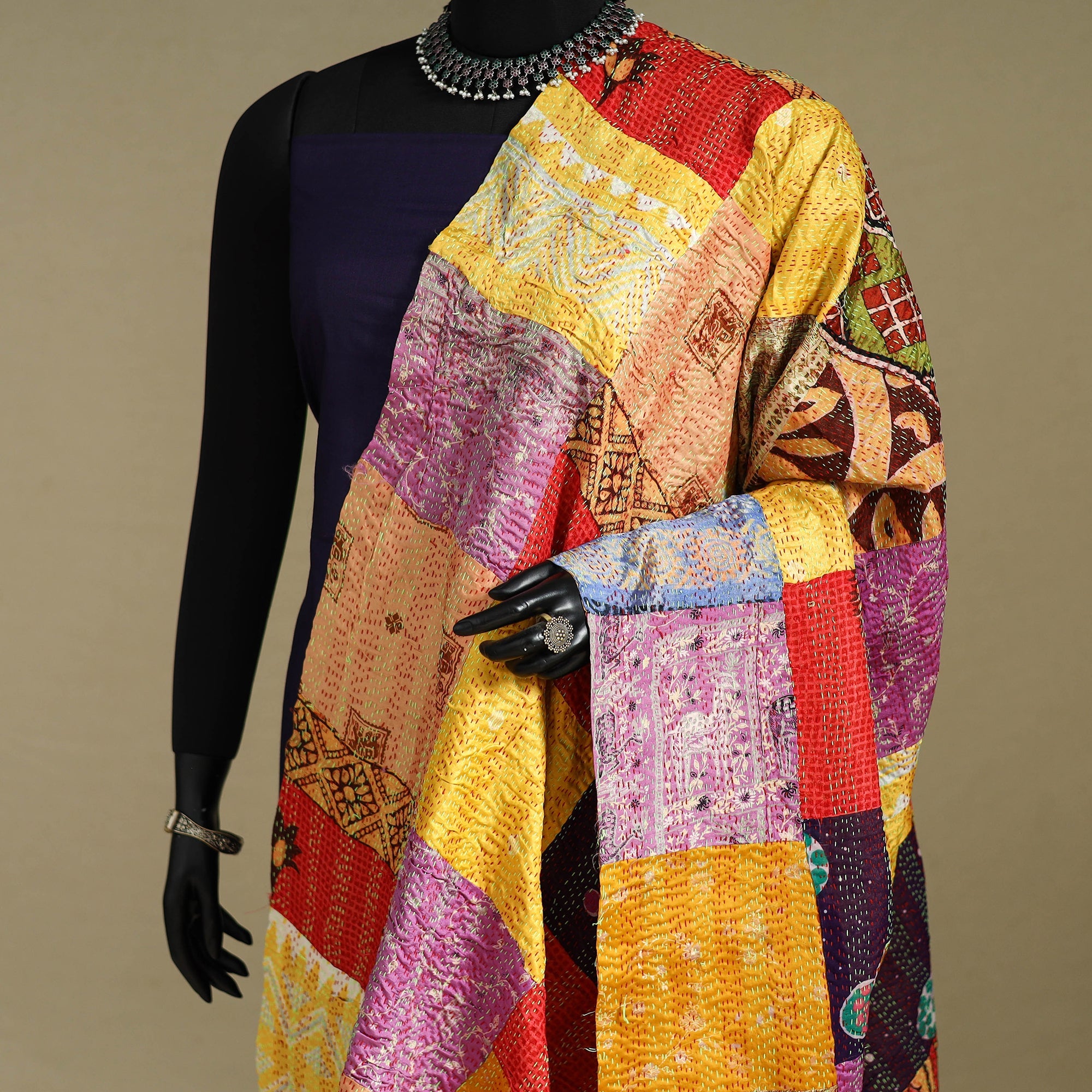 Multicolor - patchwork reversible silk bengal kantha work
