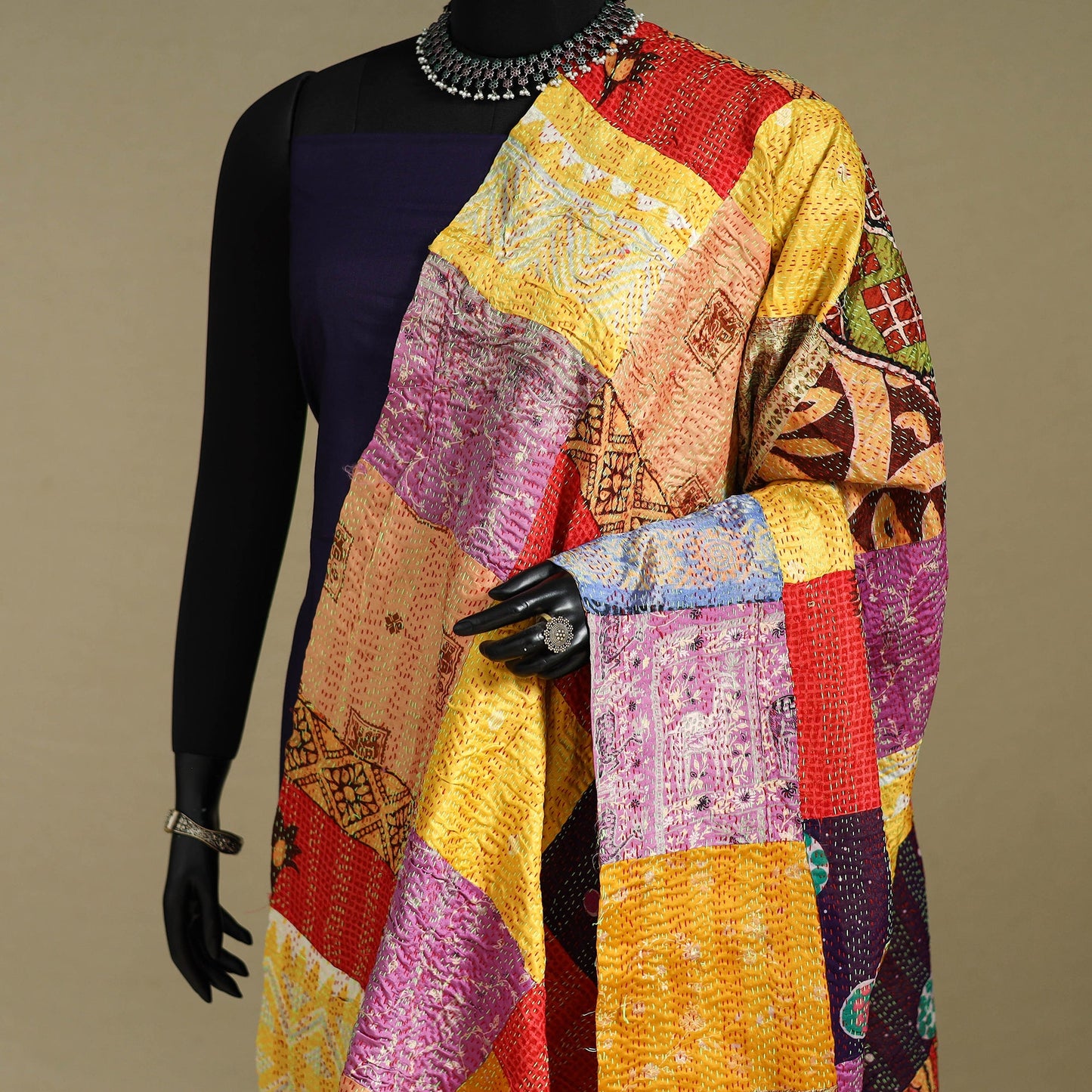 Multicolor - patchwork reversible silk bengal kantha work