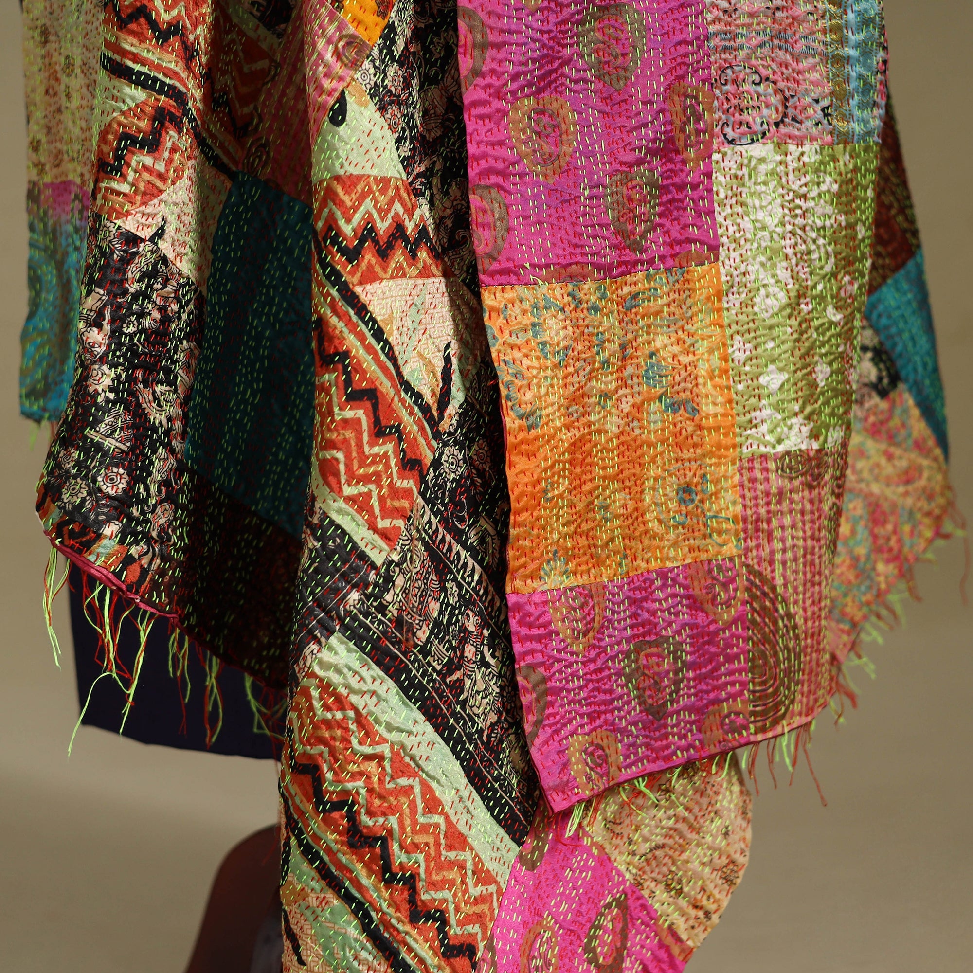 Multicolor - patchwork reversible silk bengal kantha work