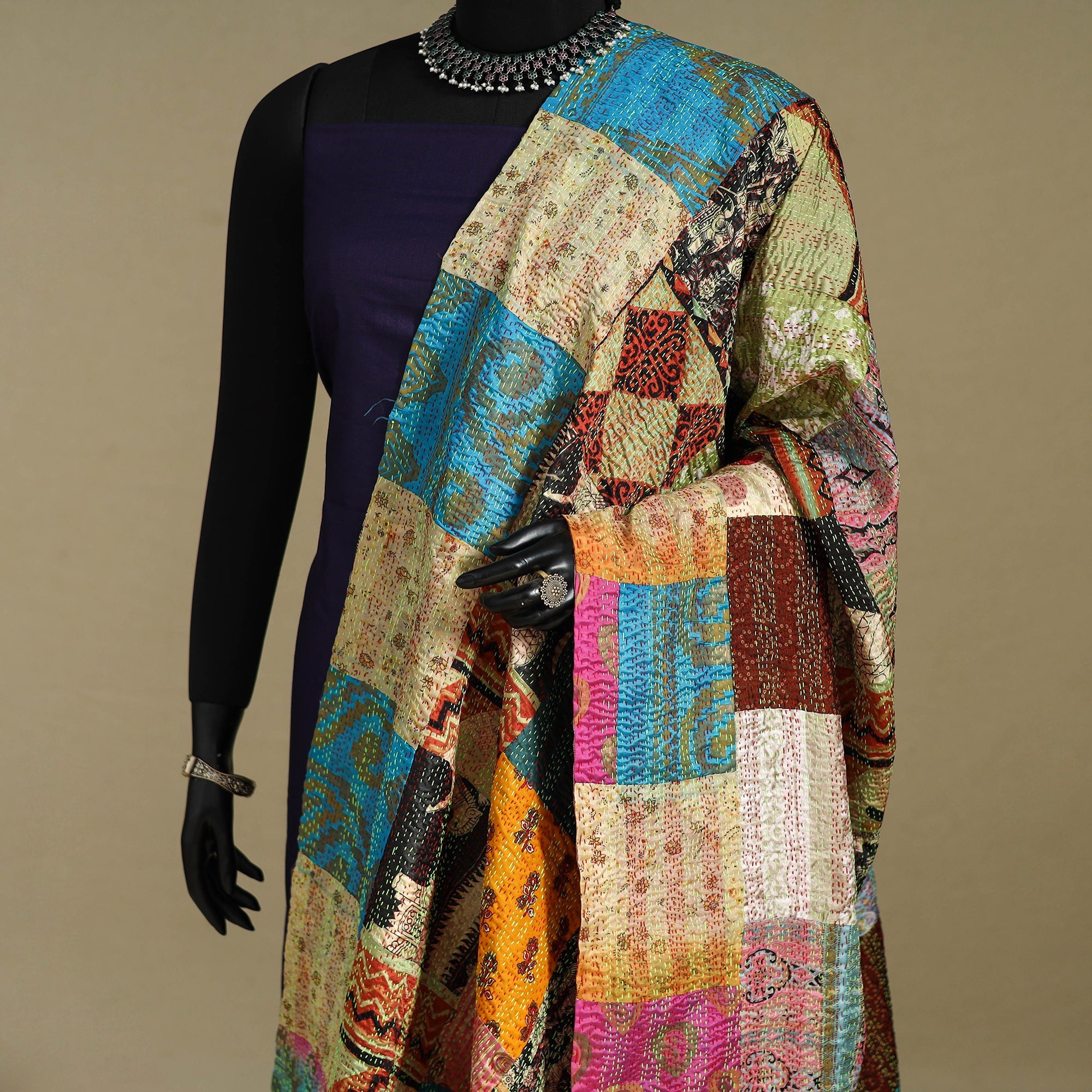 Multicolor - patchwork reversible silk bengal kantha work