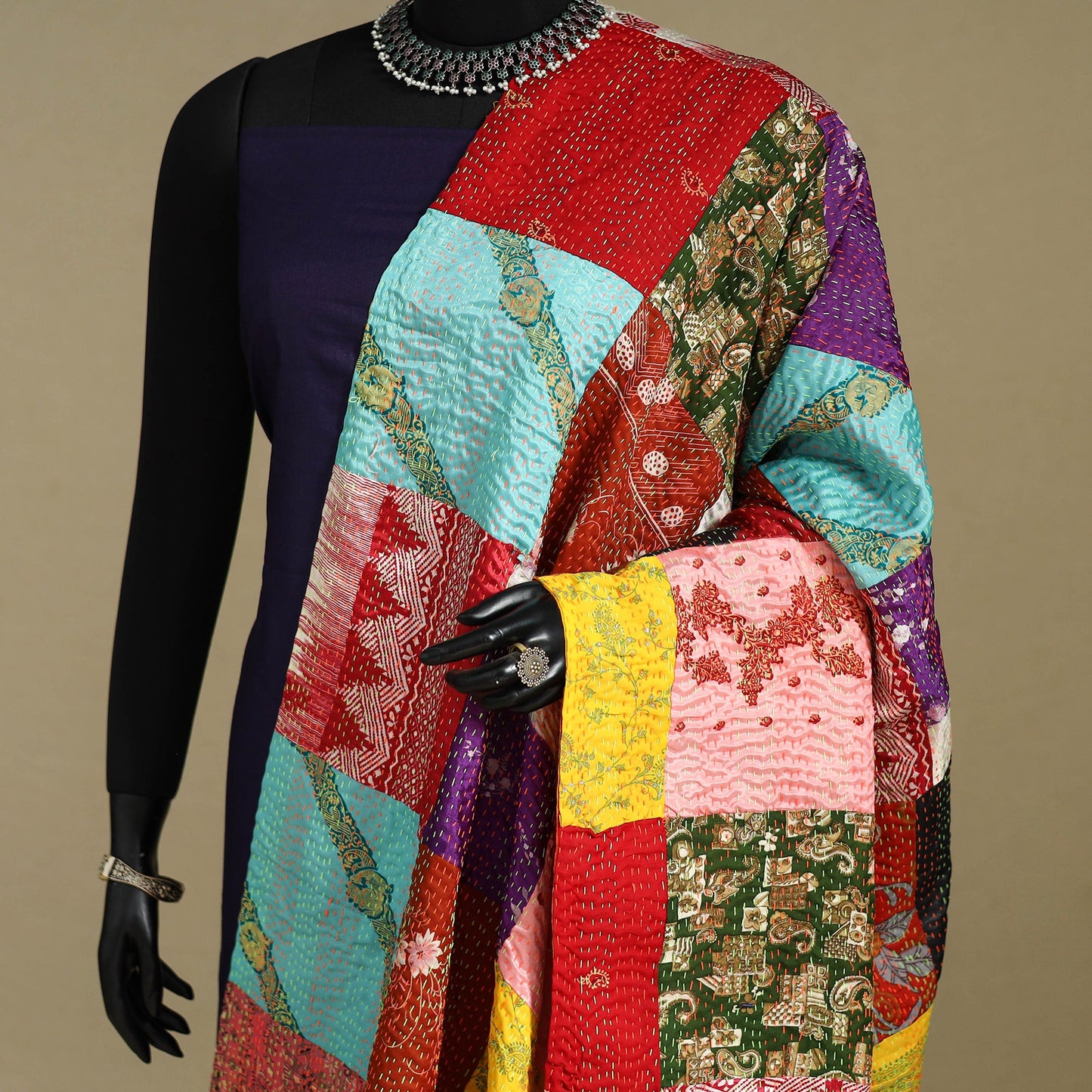 Multicolor - patchwork reversible silk bengal kantha work