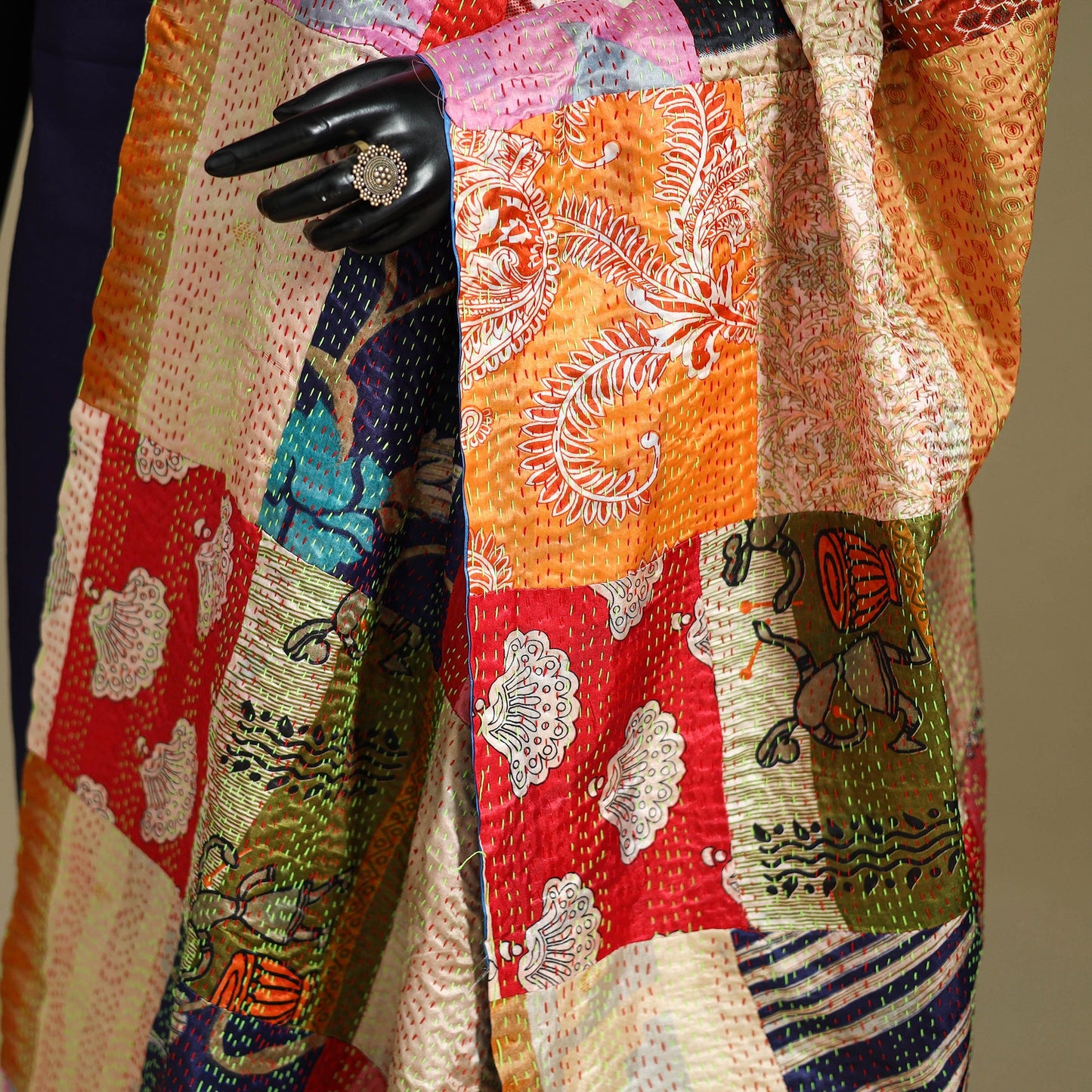 Multicolor - patchwork reversible silk bengal kantha work