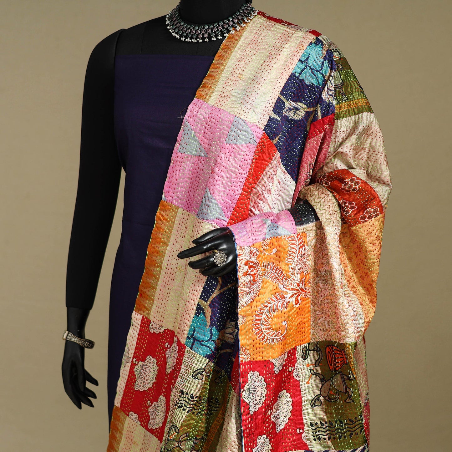 Multicolor - patchwork reversible silk bengal kantha work