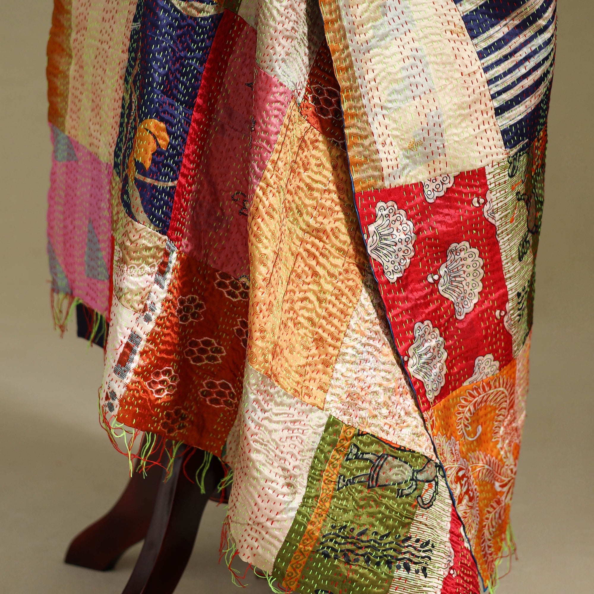 Multicolor - patchwork reversible silk bengal kantha work
