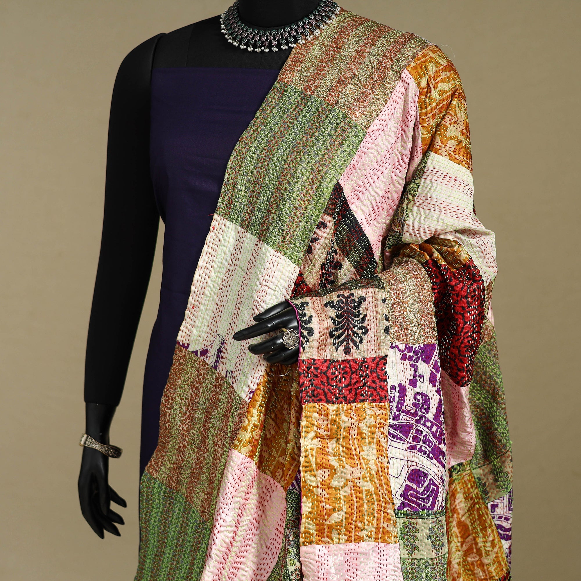 Multicolor - patchwork reversible silk bengal kantha work