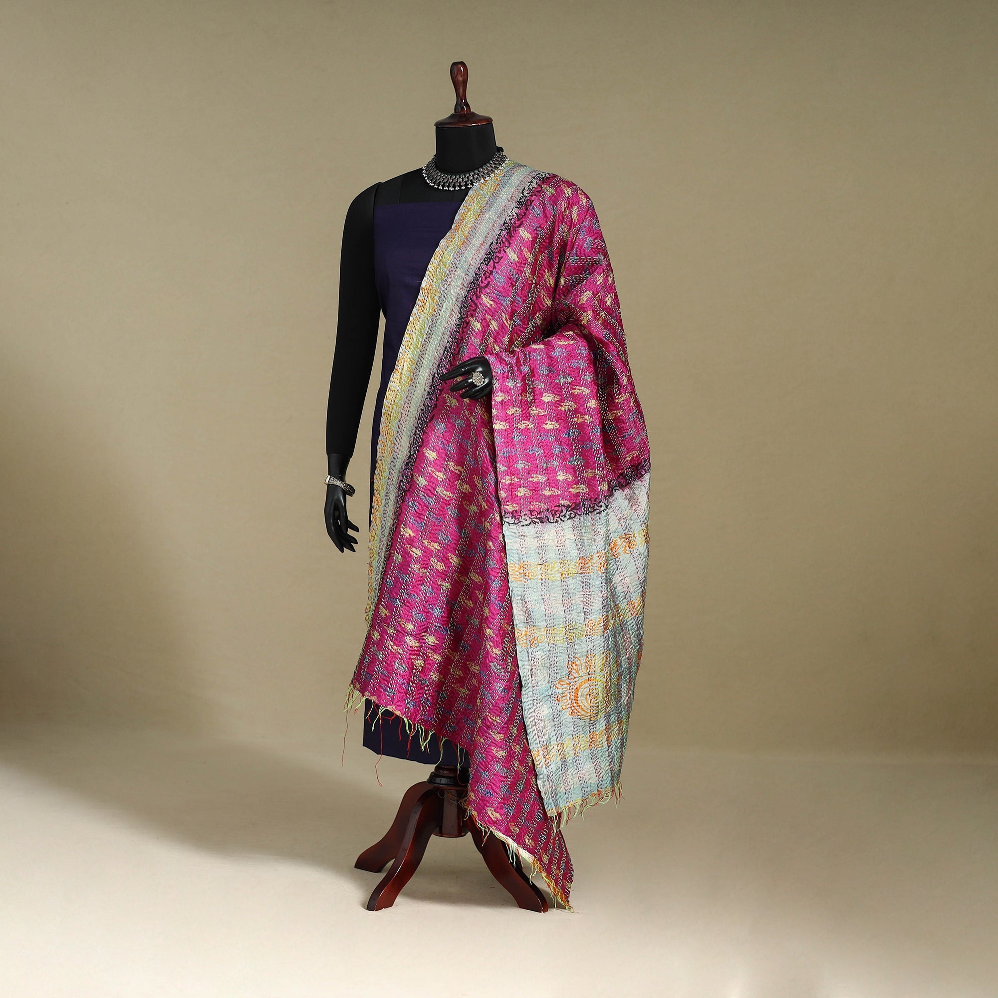 Multicolor - patchwork reversible silk bengal kantha work
