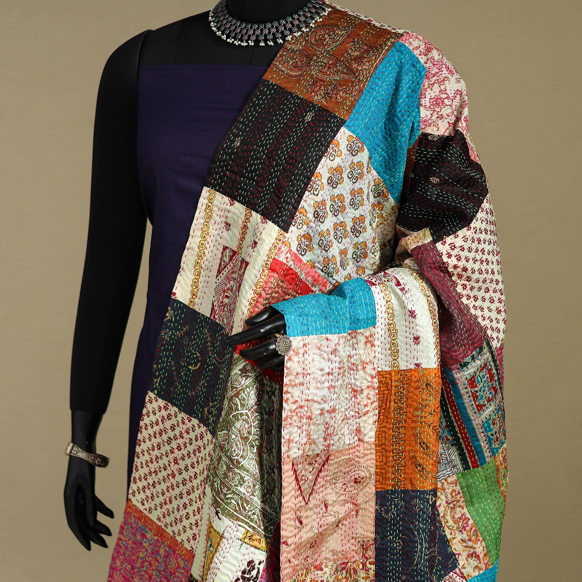 Multicolor - patchwork reversible silk bengal kantha work
