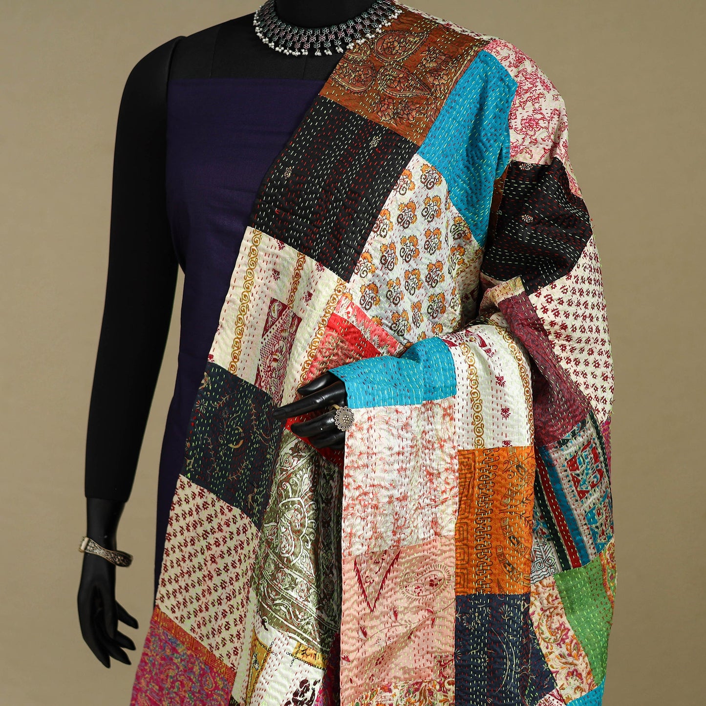 Multicolor - patchwork reversible silk bengal kantha work