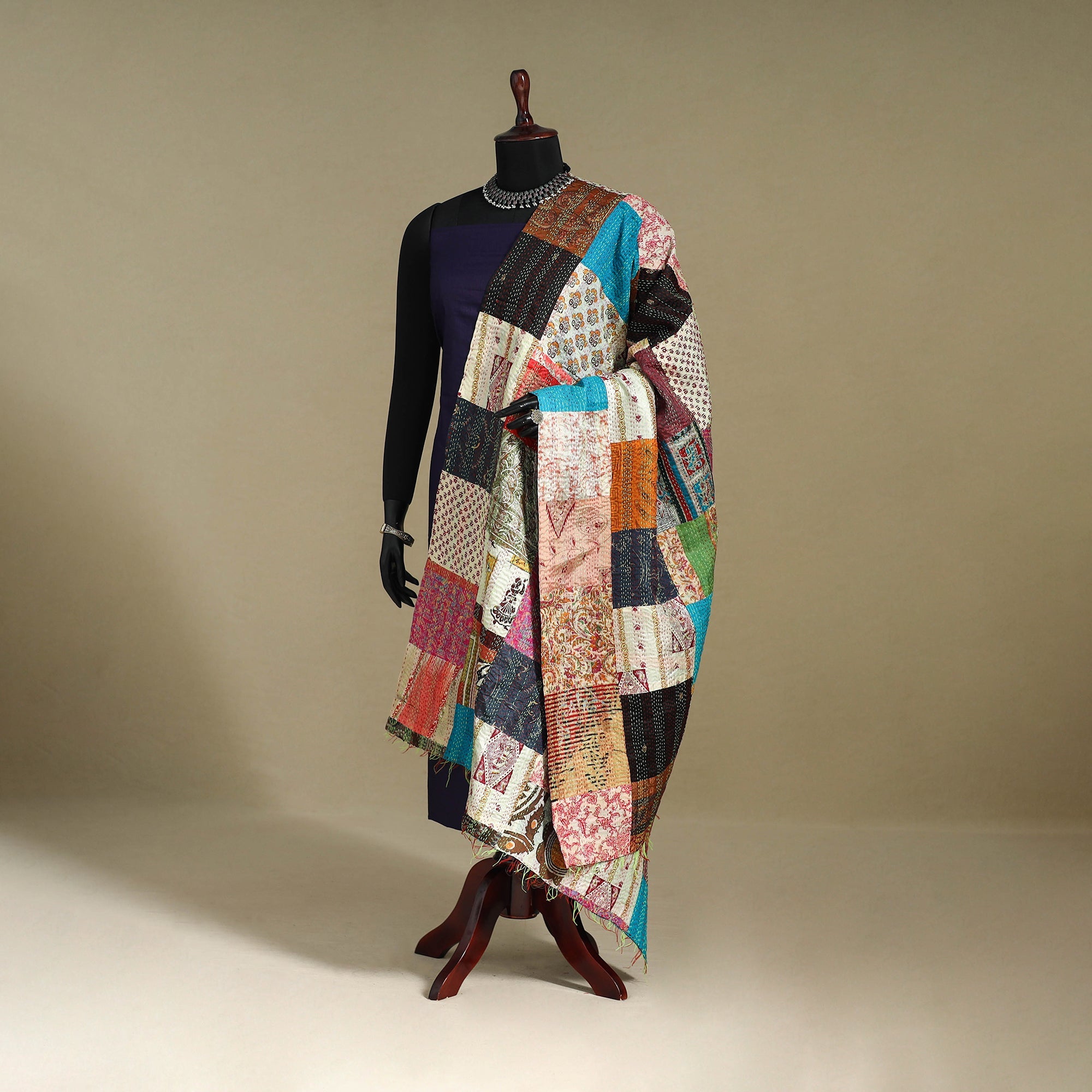 Multicolor - patchwork reversible silk bengal kantha work