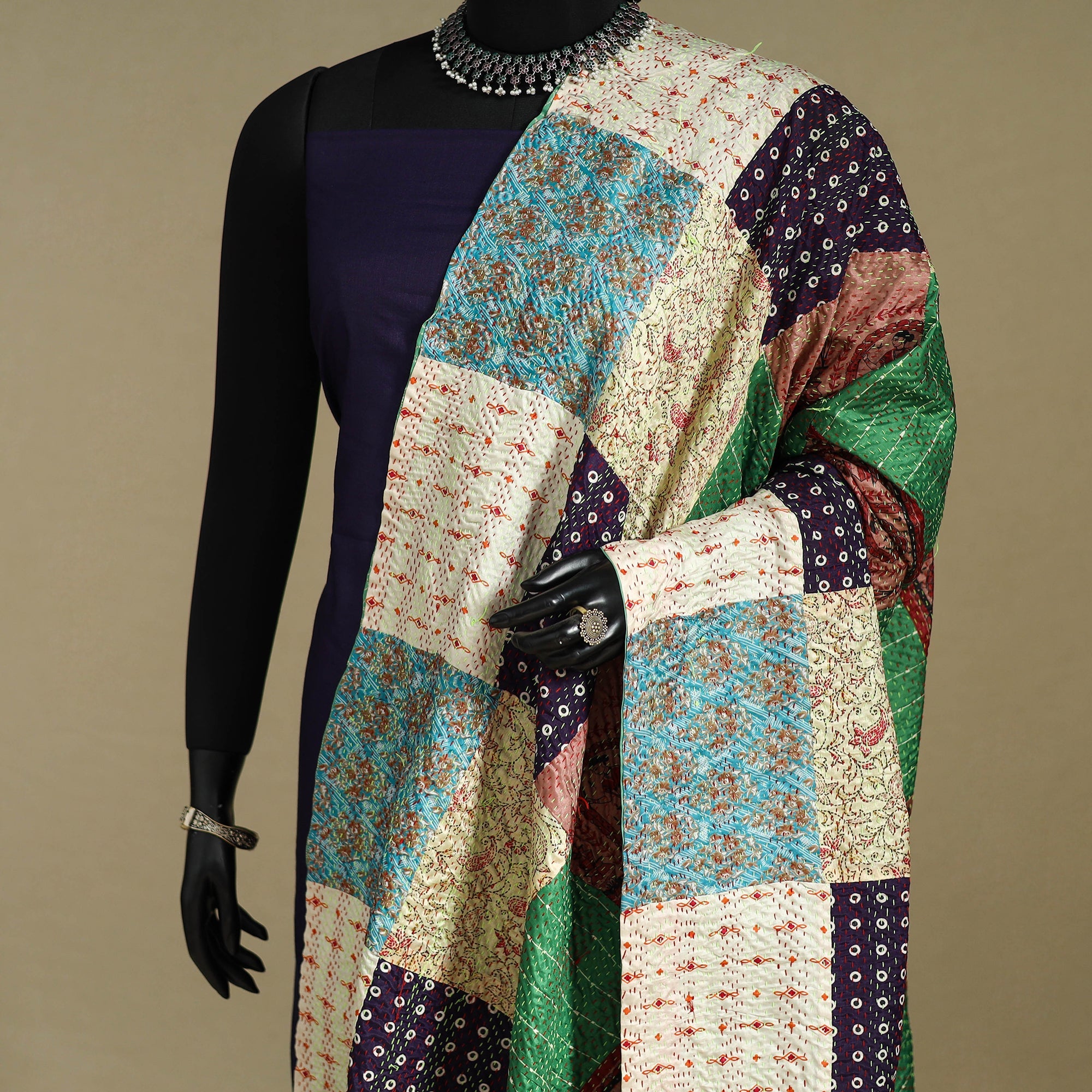 Multicolor - patchwork reversible silk bengal kantha work