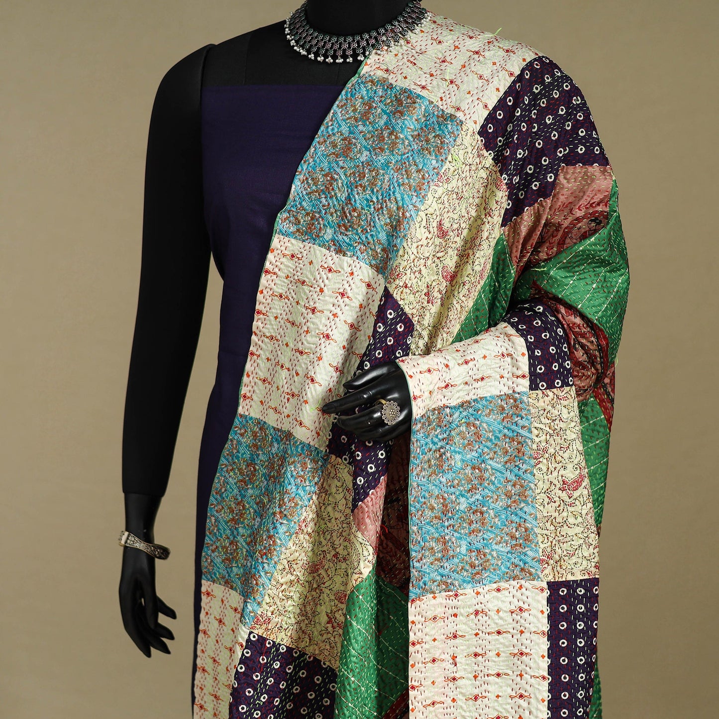 Multicolor - patchwork reversible silk bengal kantha work