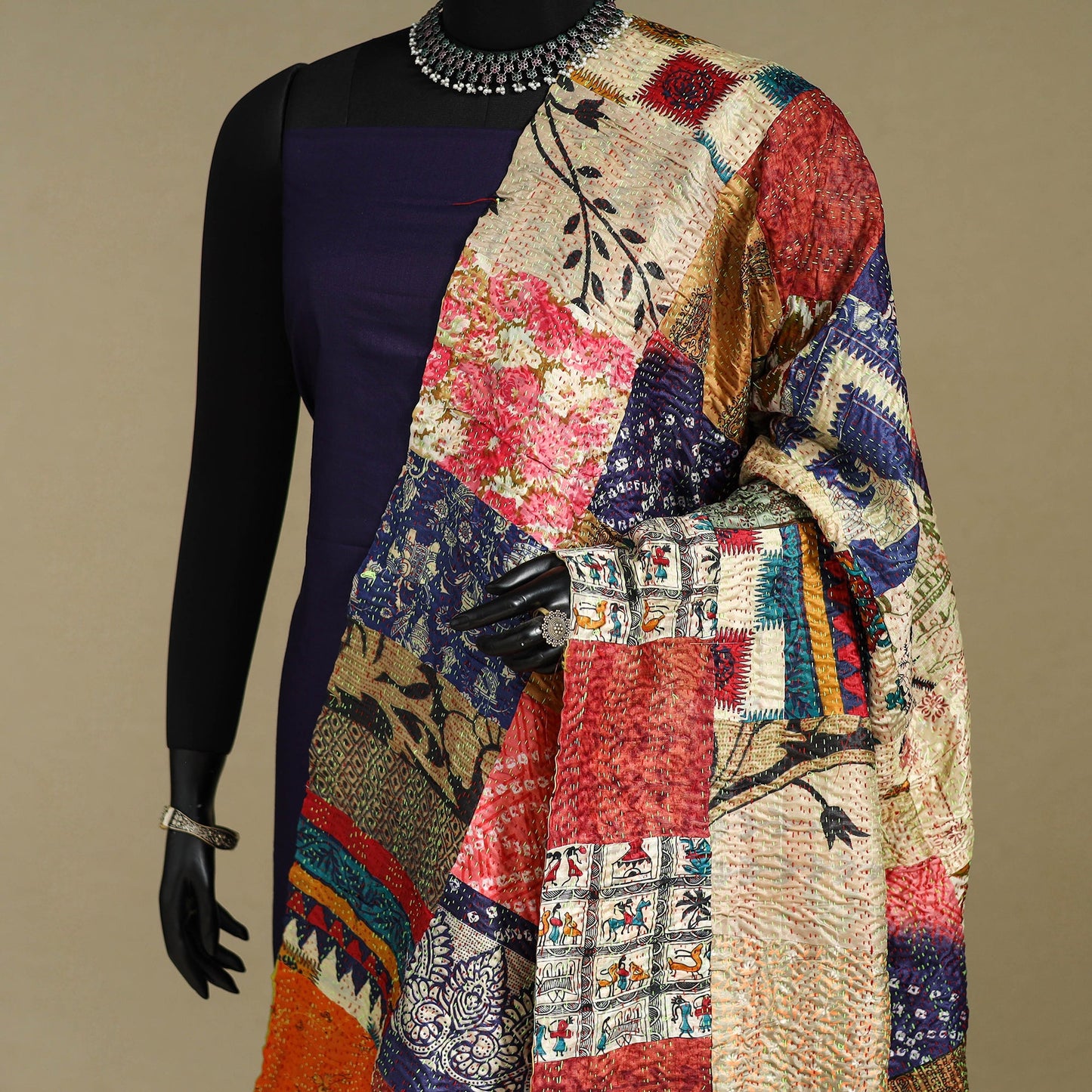 Multicolor - patchwork reversible silk bengal kantha work