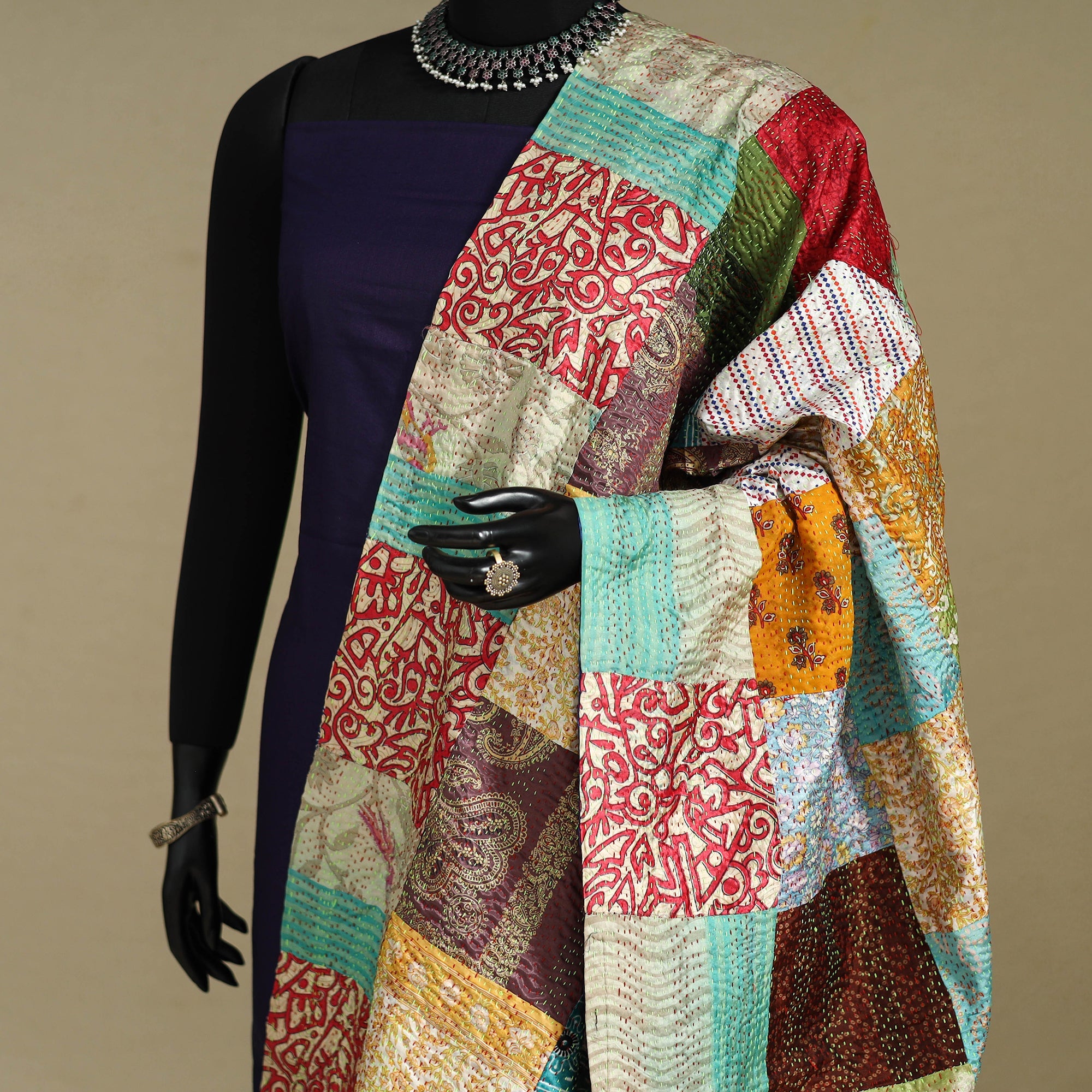 Multicolor - patchwork reversible silk bengal kantha work