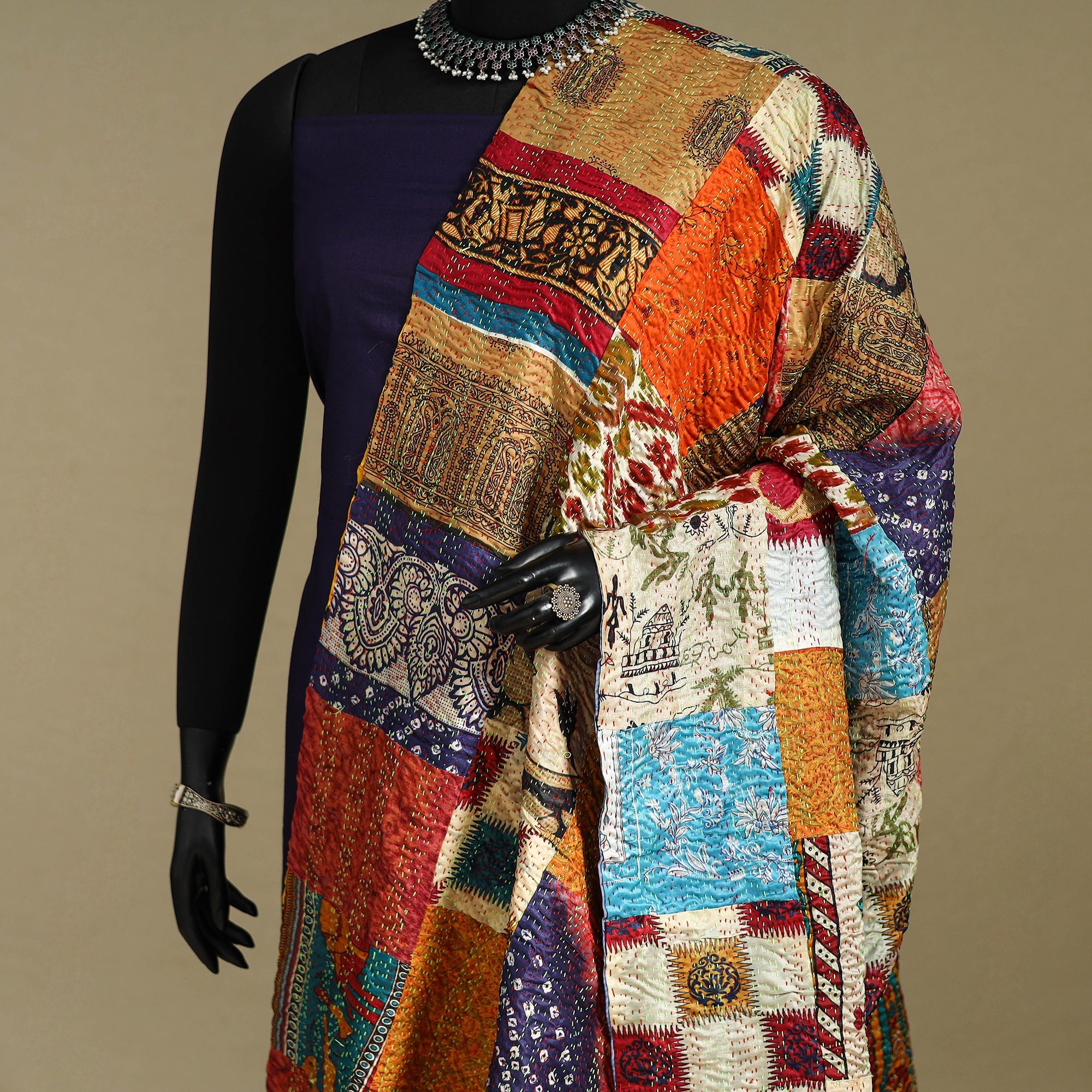 Multicolor - patchwork reversible silk bengal kantha work