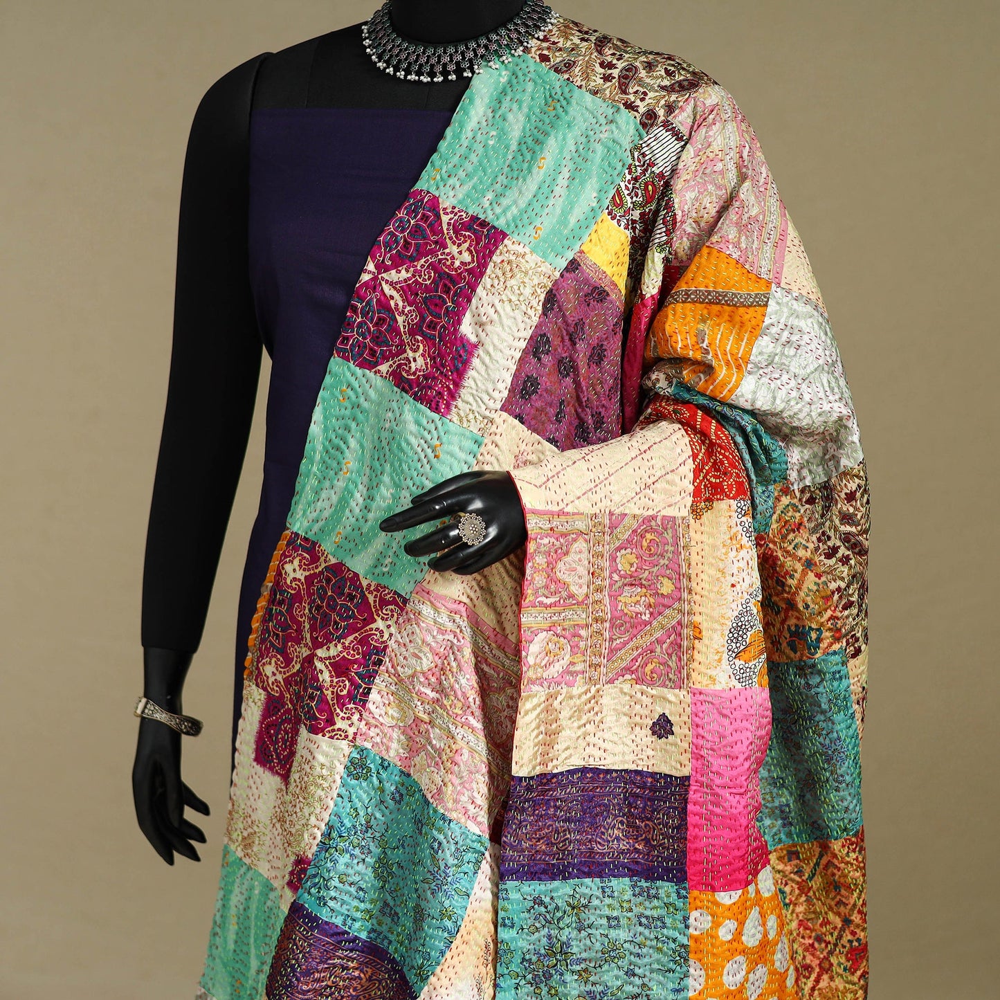 Multicolor - patchwork reversible silk bengal kantha work