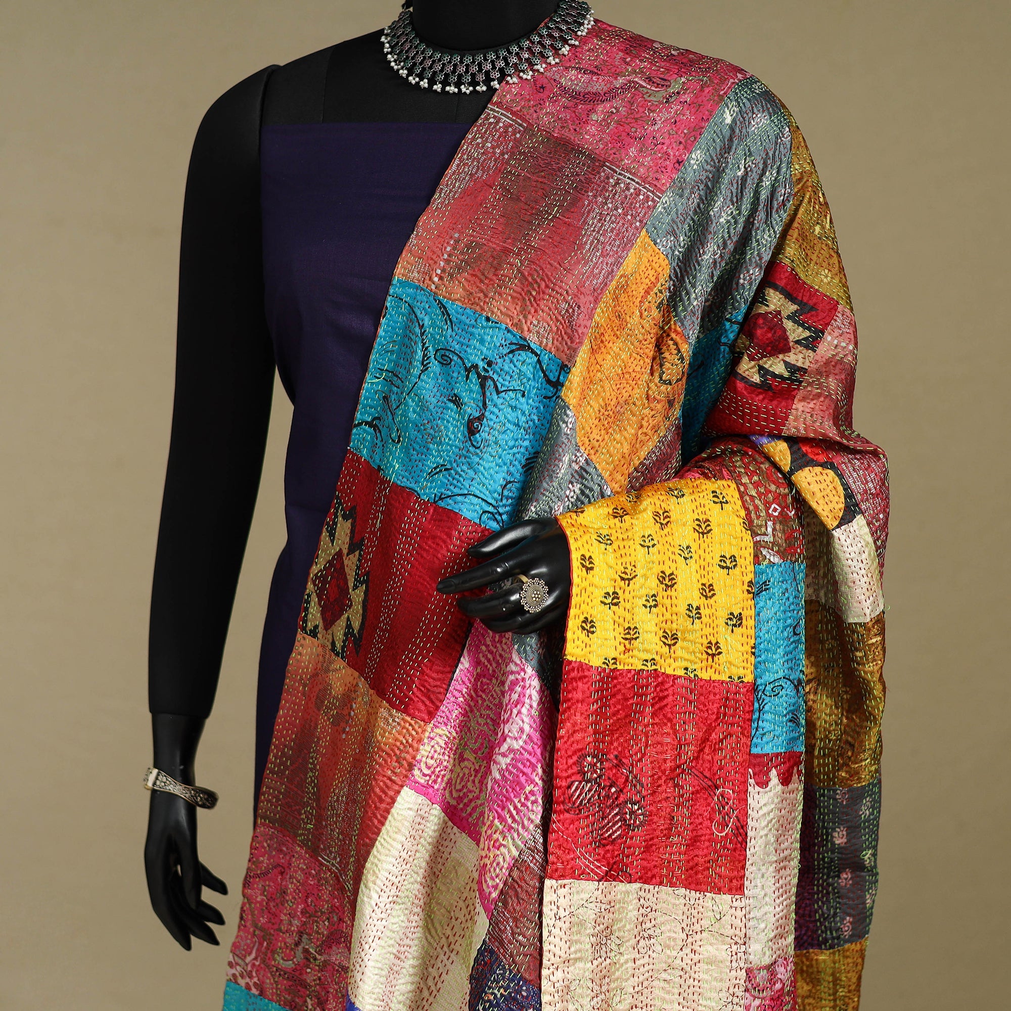 Multicolor - patchwork reversible silk bengal kantha work