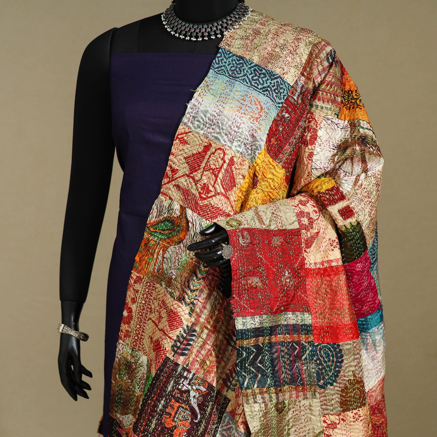 Multicolor - patchwork reversible silk bengal kantha work