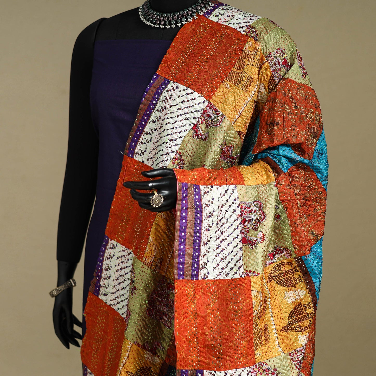 Multicolor - patchwork reversible silk bengal kantha work