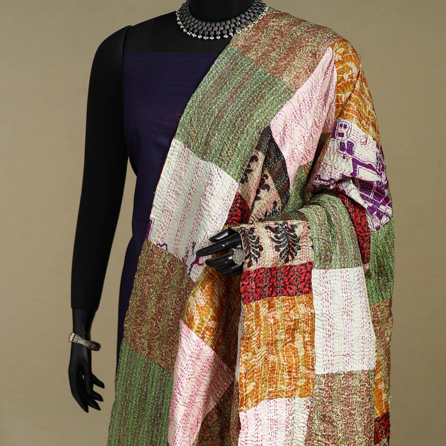 Multicolor - patchwork reversible silk bengal kantha work