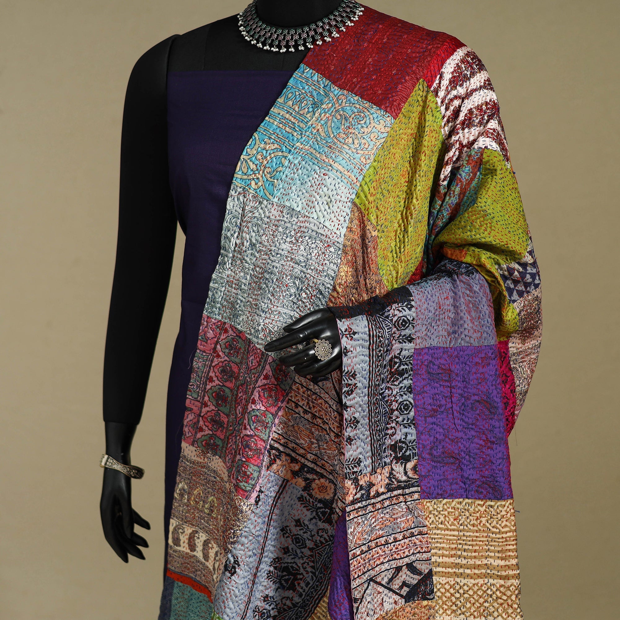 Multicolor - patchwork reversible silk bengal kantha work