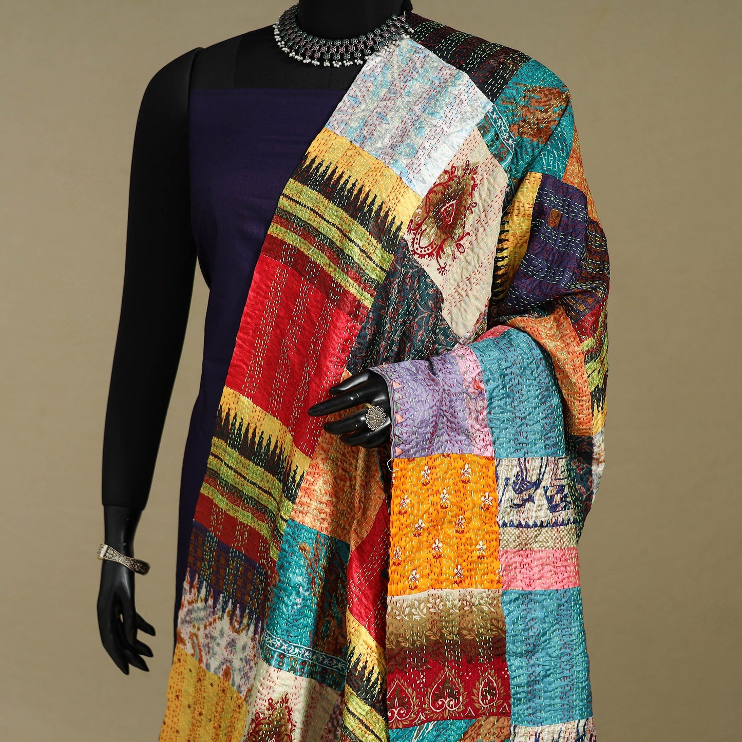 Multicolor - patchwork reversible silk bengal kantha work
