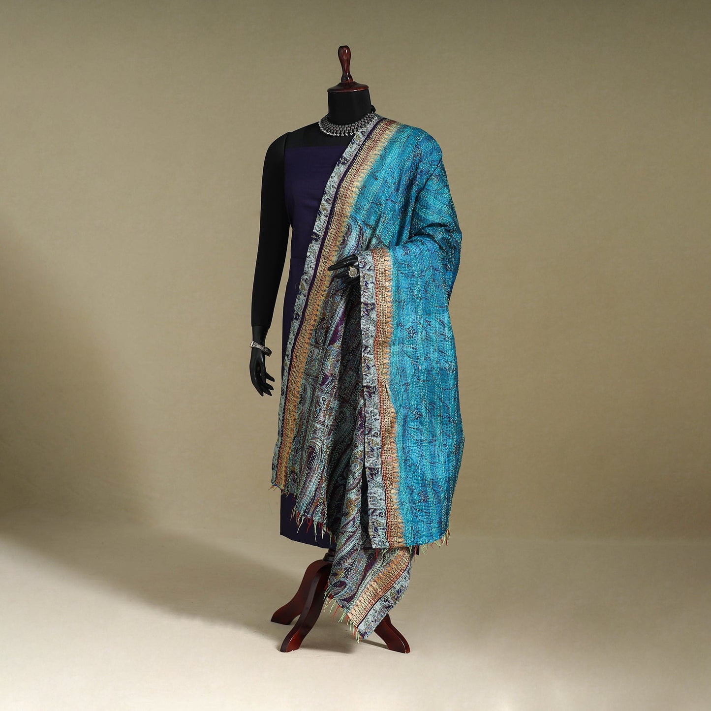 Multicolor - patchwork reversible silk bengal kantha work