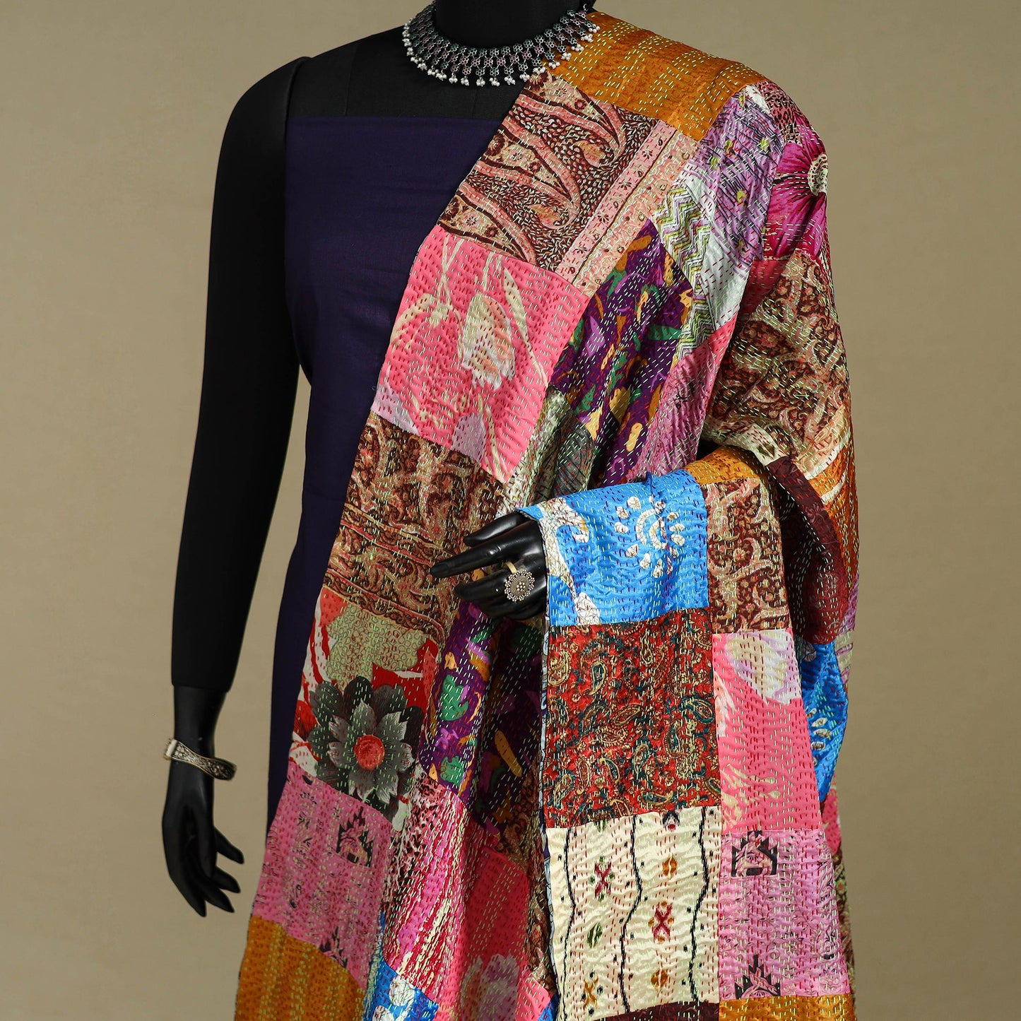 Multicolor - patchwork reversible silk bengal kantha work