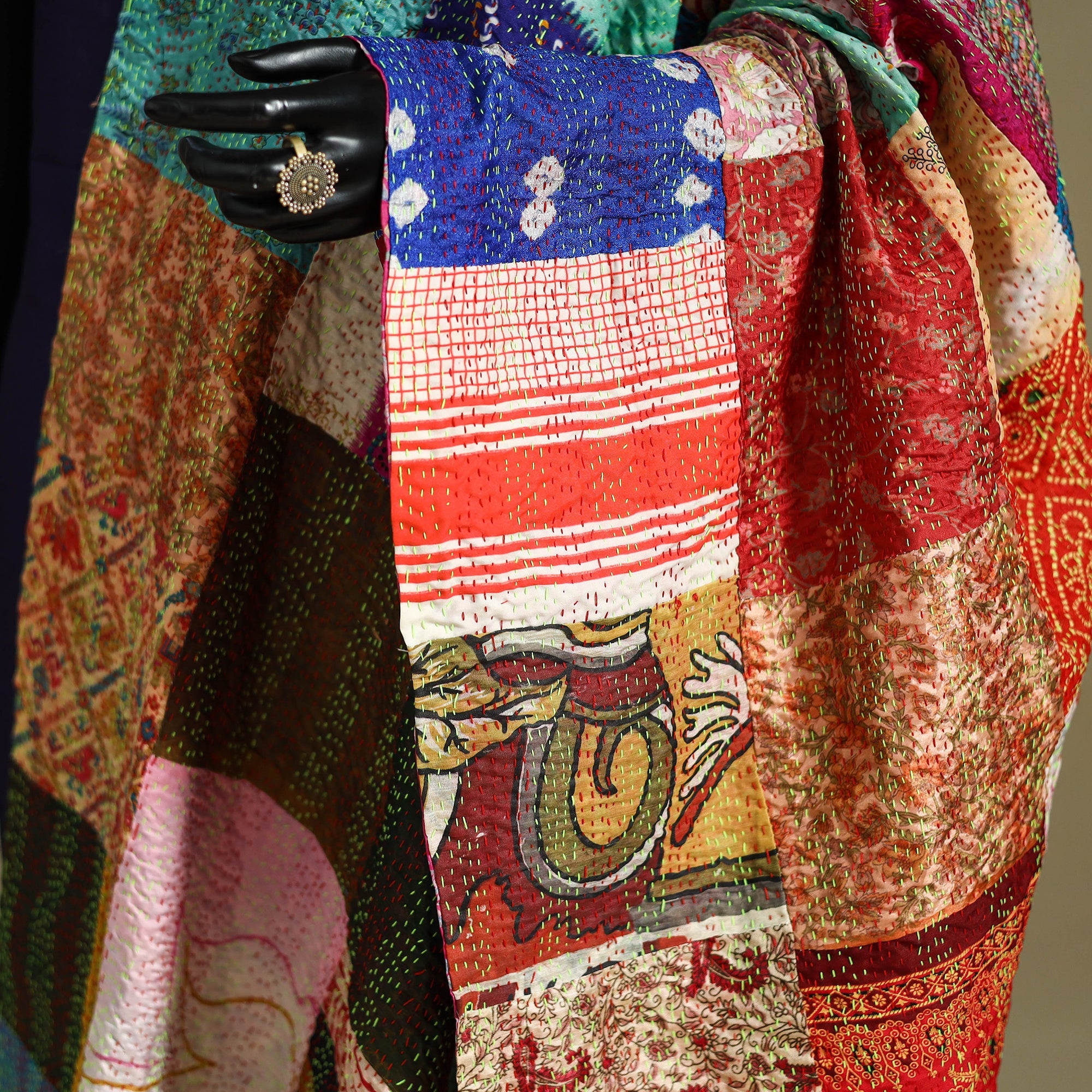 Multicolor - patchwork reversible silk bengal kantha work