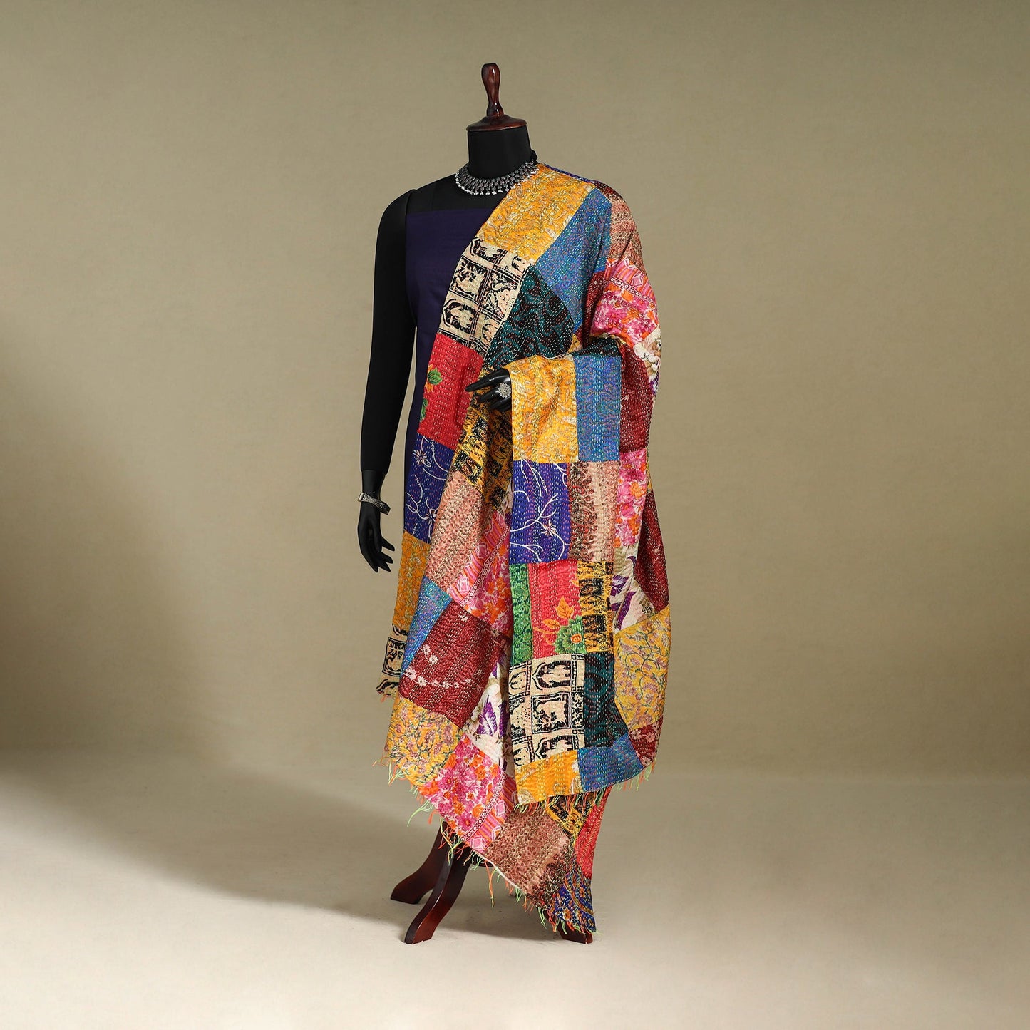 Multicolor - patchwork reversible silk bengal kantha work