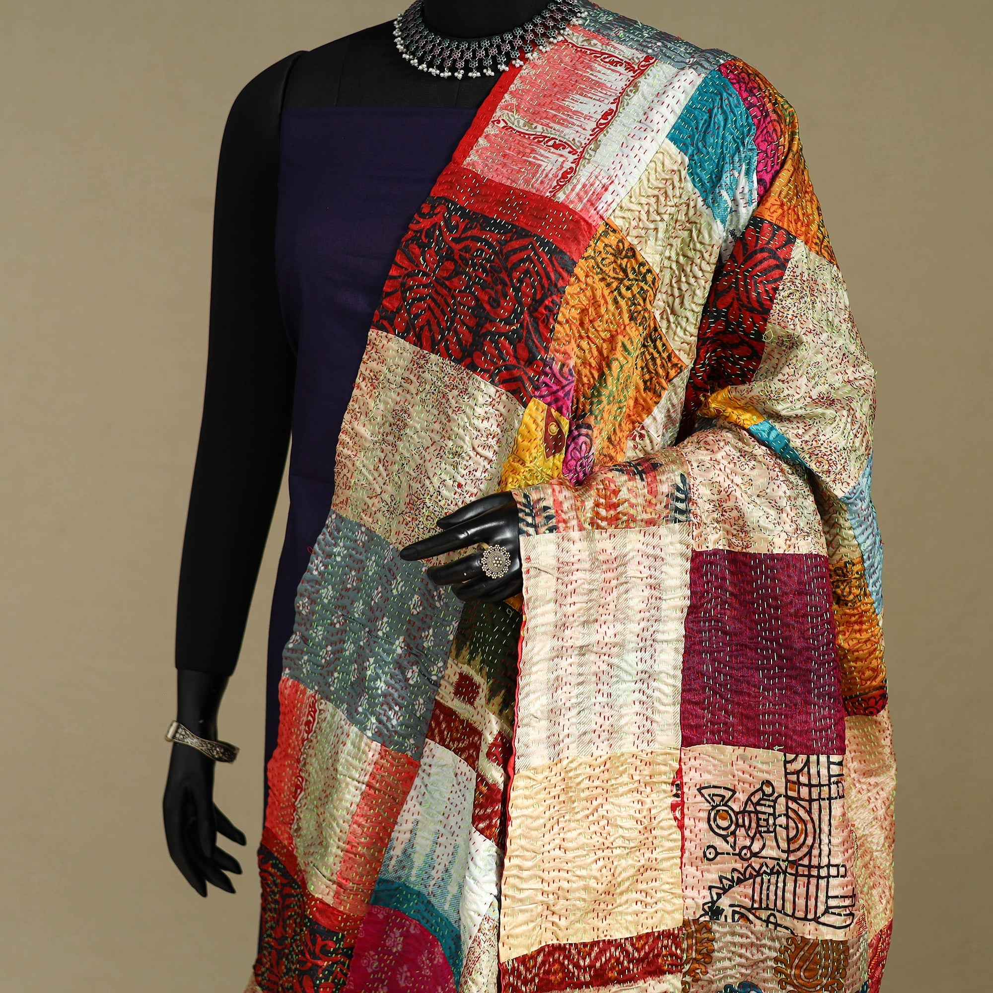 Multicolor - patchwork reversible silk bengal kantha work