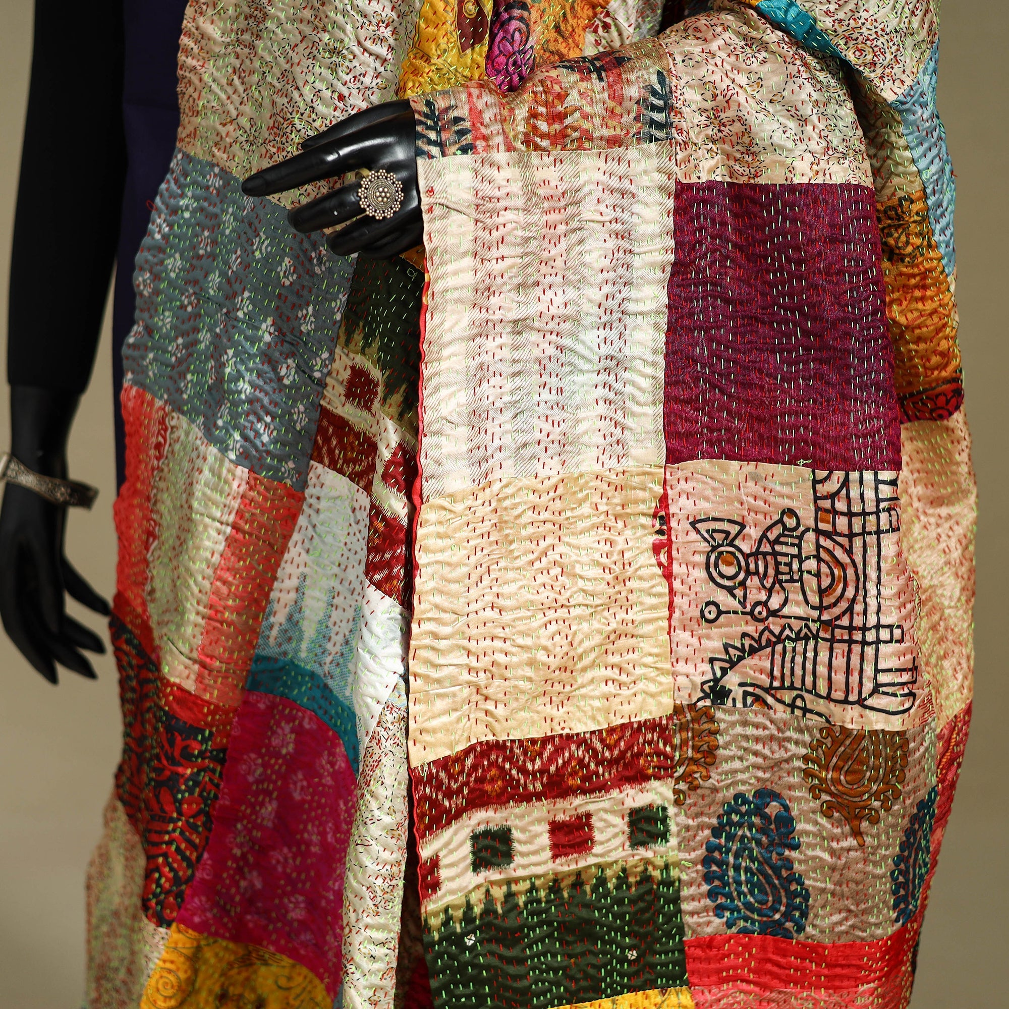 Multicolor - patchwork reversible silk bengal kantha work