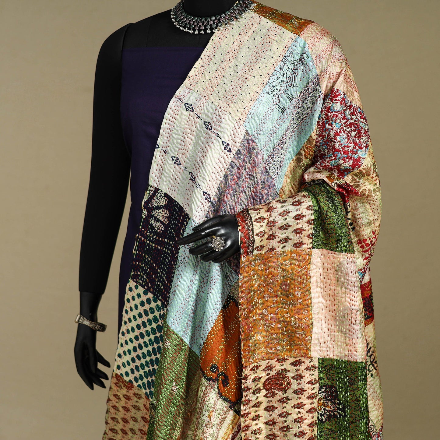 Multicolor - patchwork reversible silk bengal kantha work