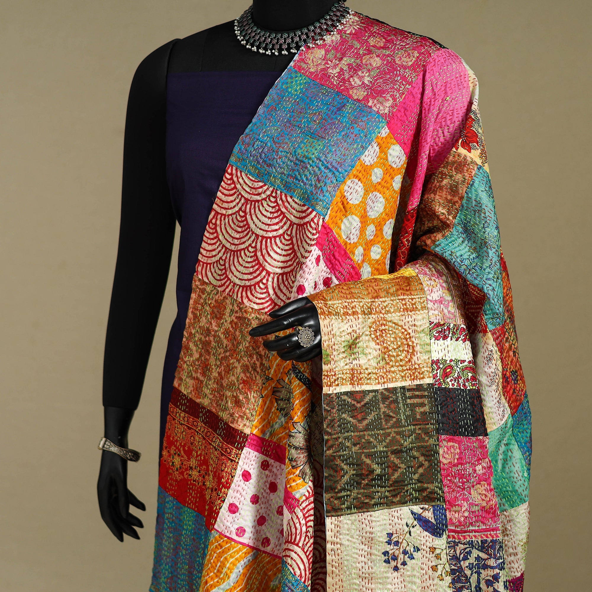 Multicolor - patchwork reversible silk bengal kantha work