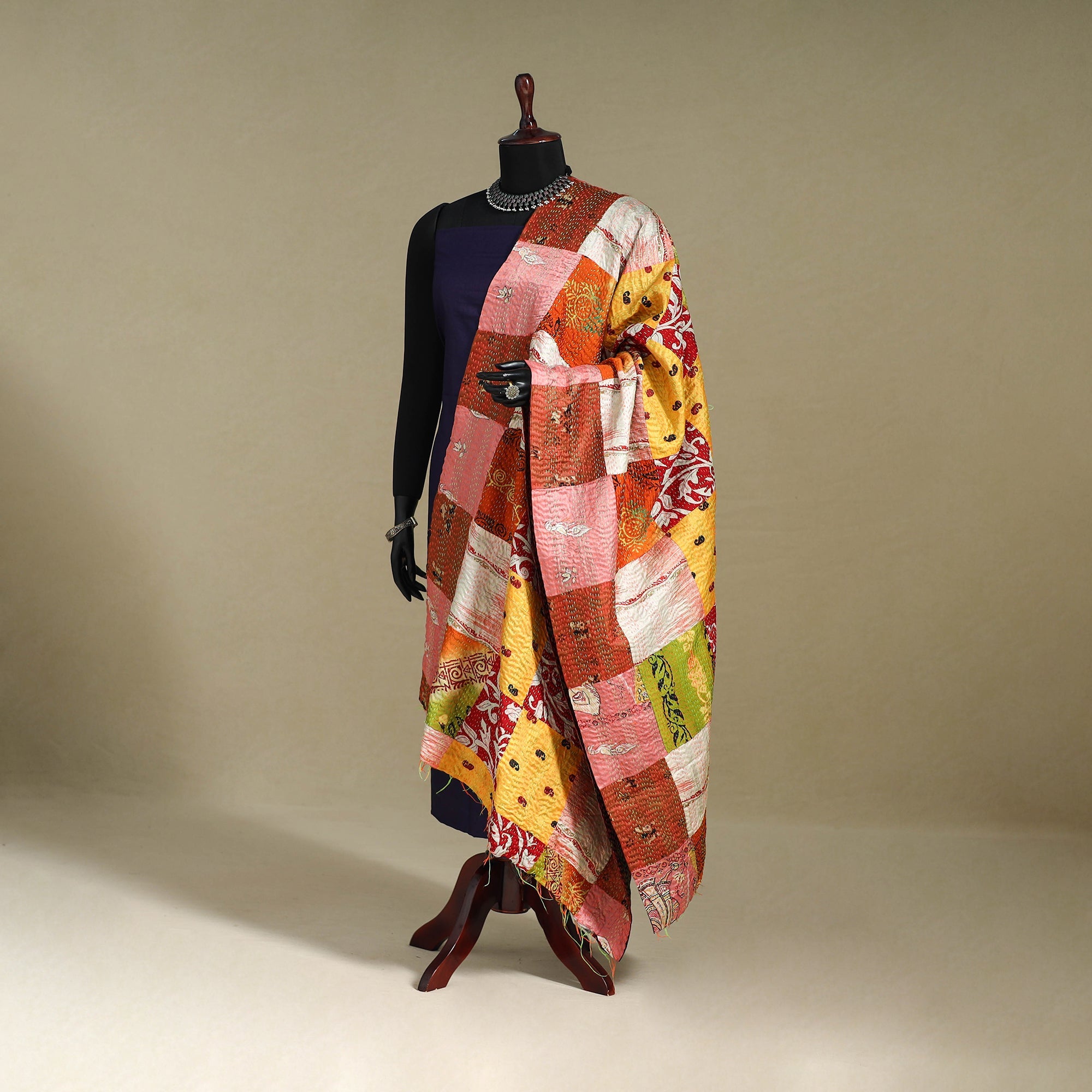Multicolor - patchwork reversible silk bengal kantha work