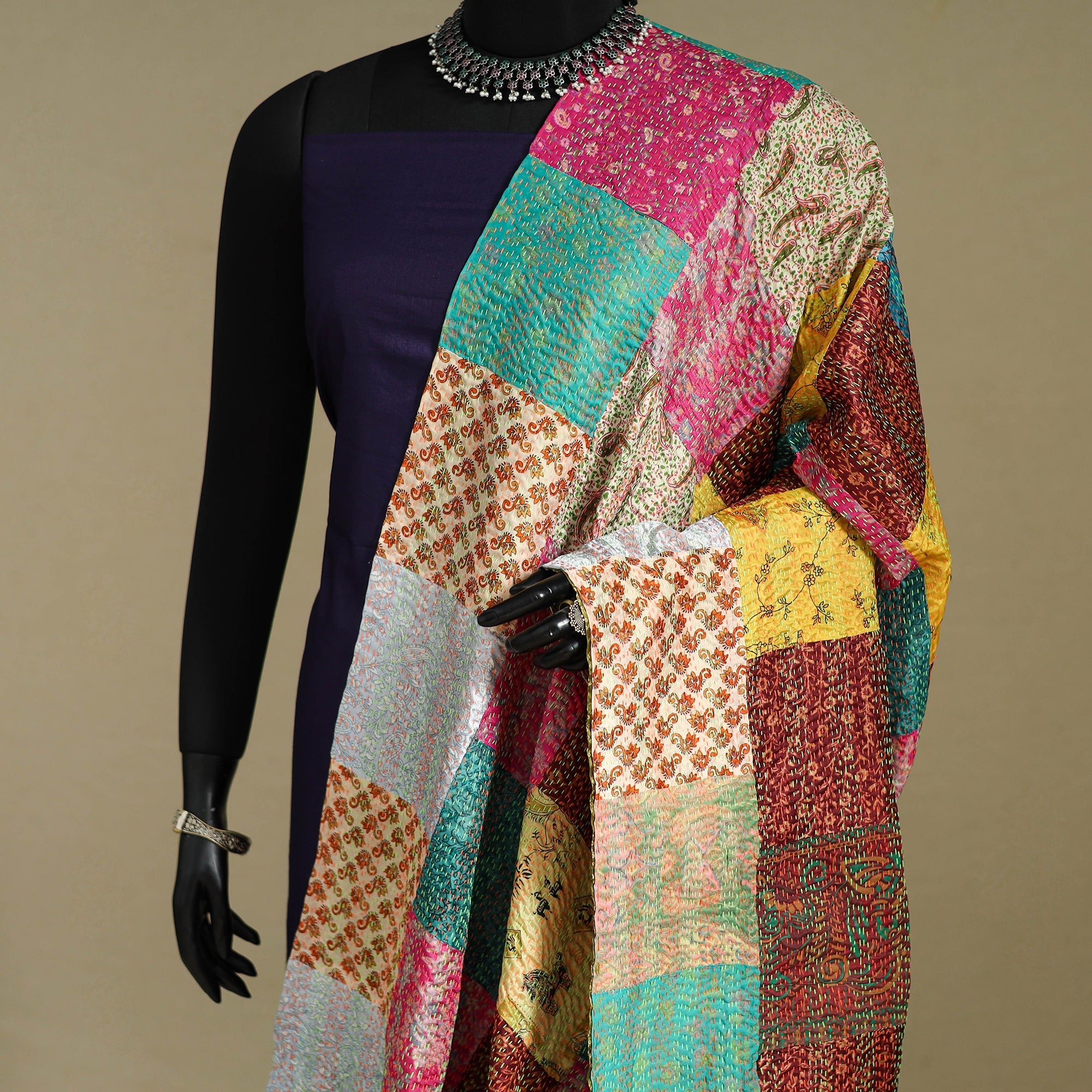 Multicolor - patchwork reversible silk bengal kantha work