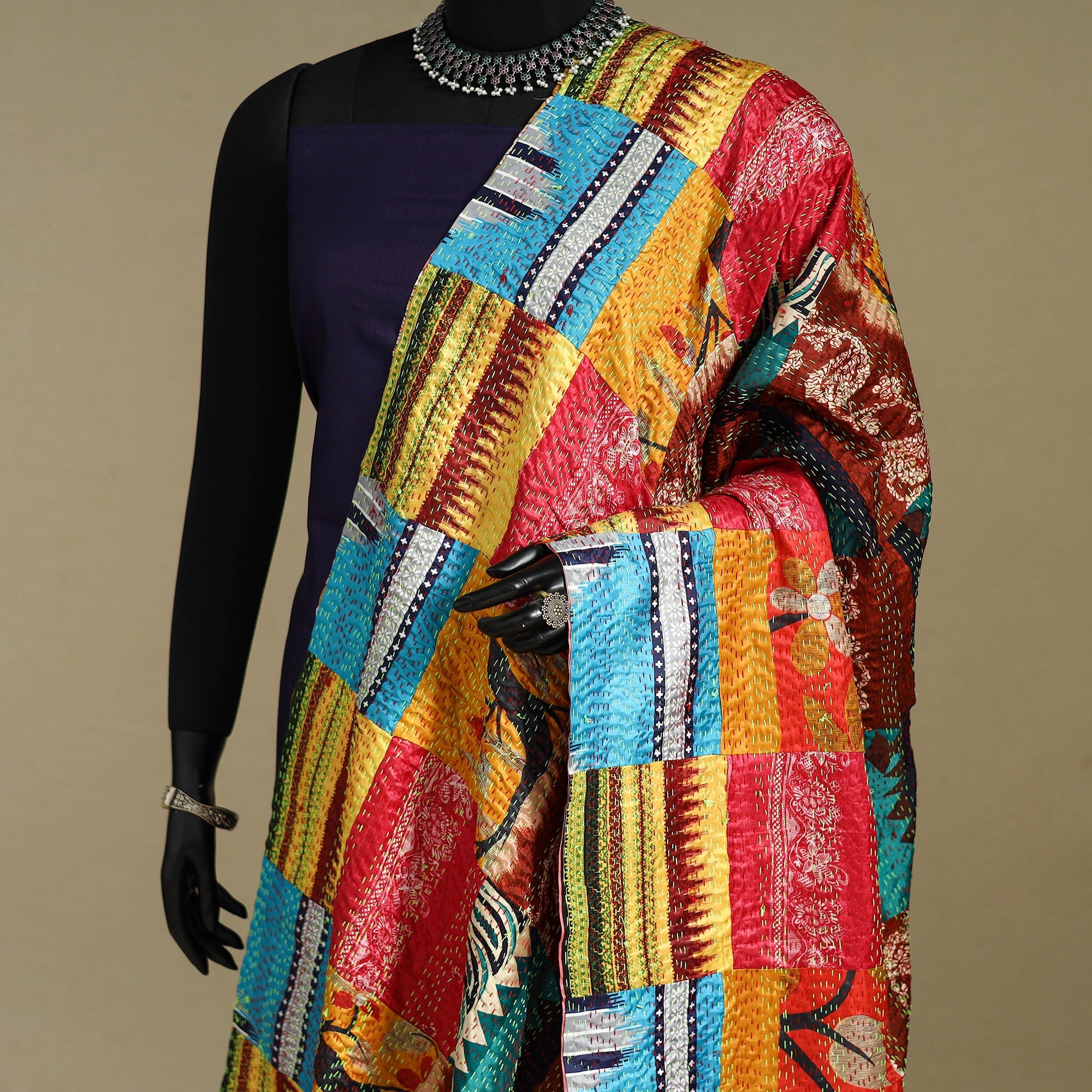 Multicolor - patchwork reversible silk bengal kantha work