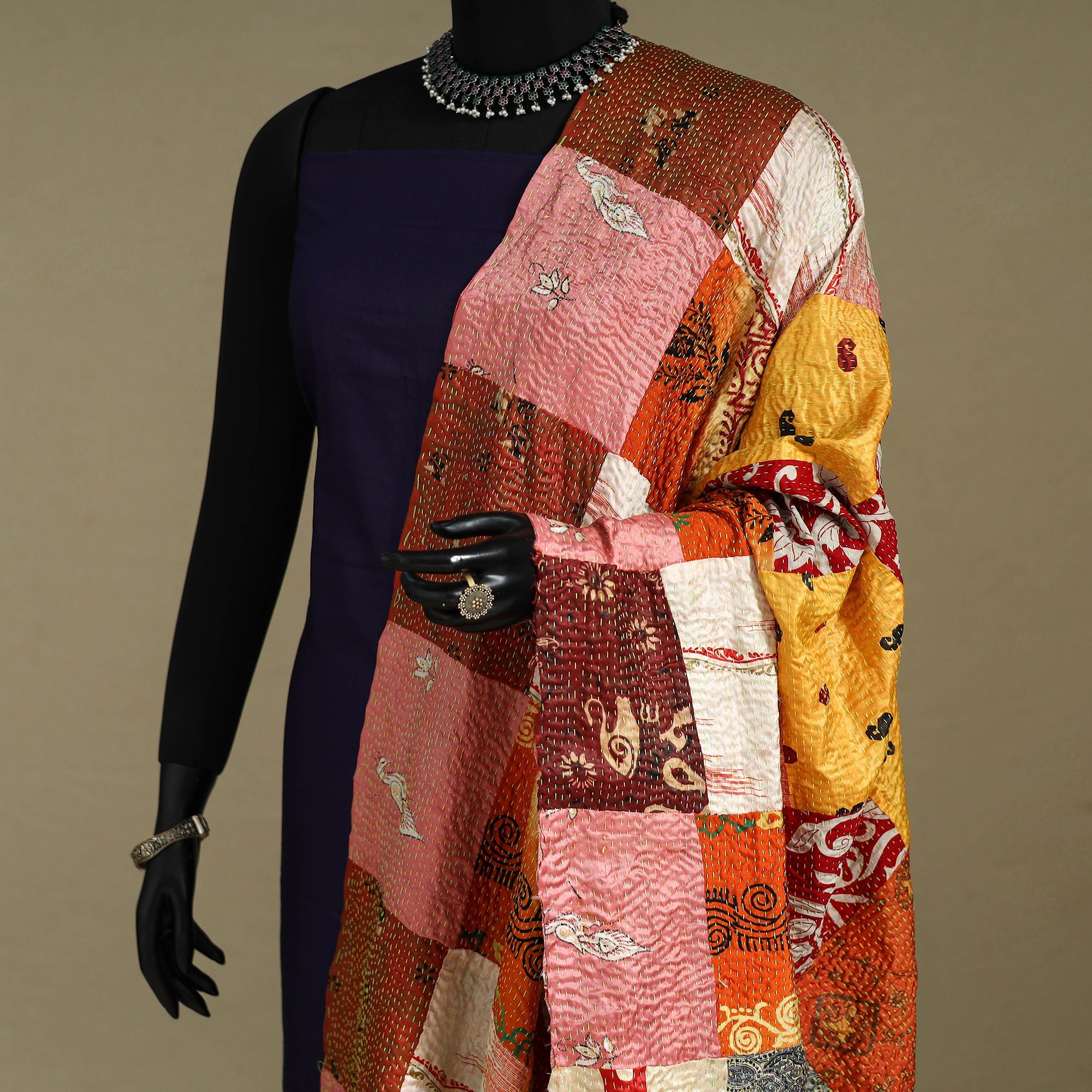 Multicolor - patchwork reversible silk bengal kantha work