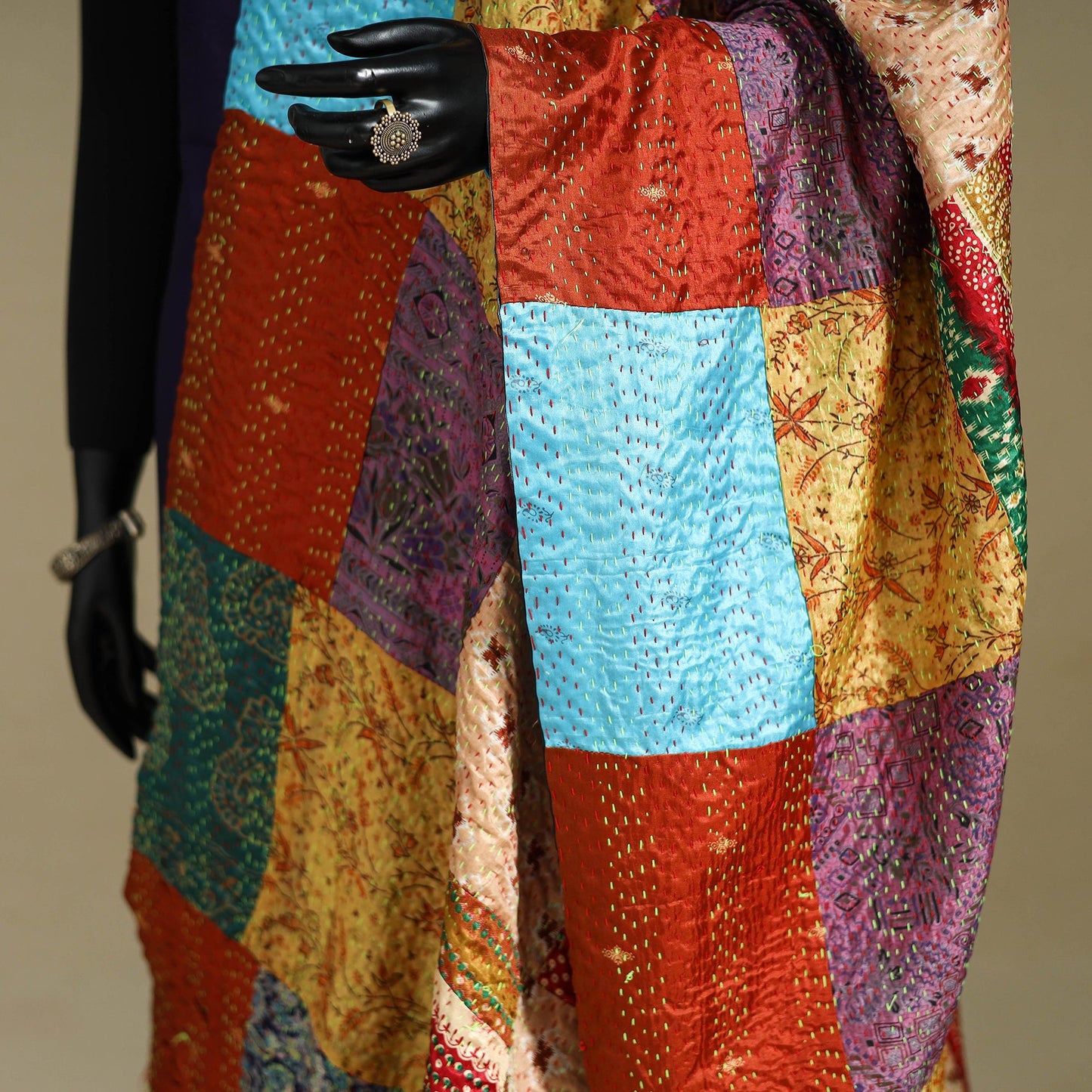 Multicolor - patchwork reversible silk bengal kantha work
