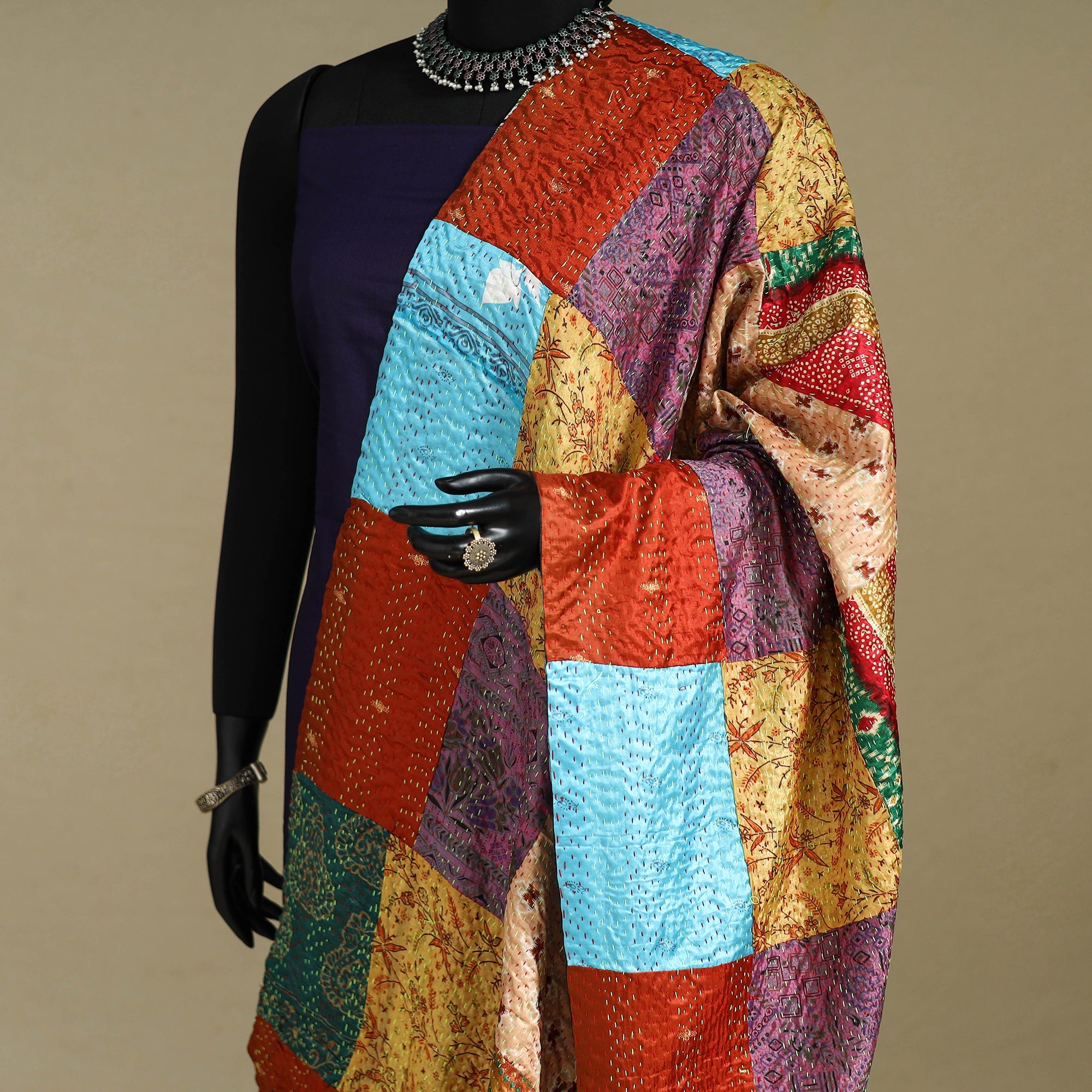 Multicolor - patchwork reversible silk bengal kantha work