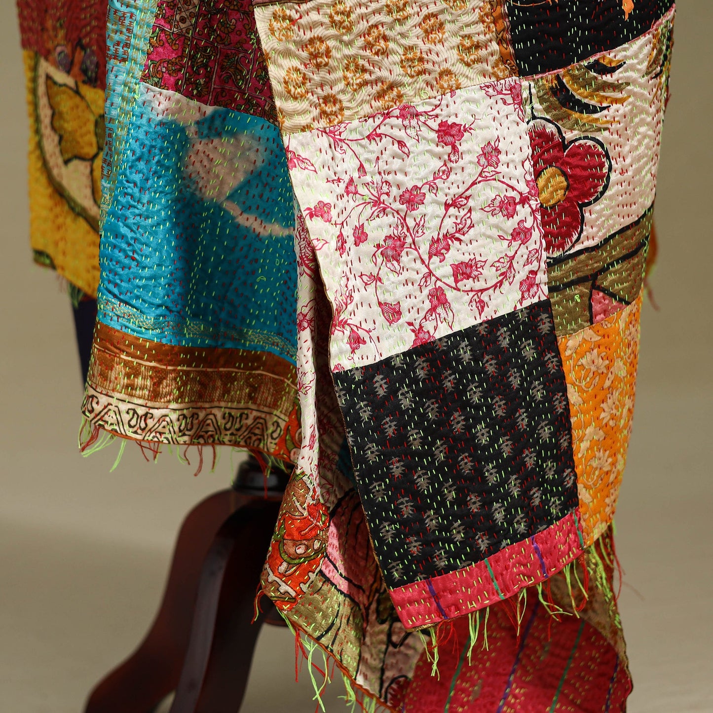 Multicolor - patchwork reversible silk bengal kantha work