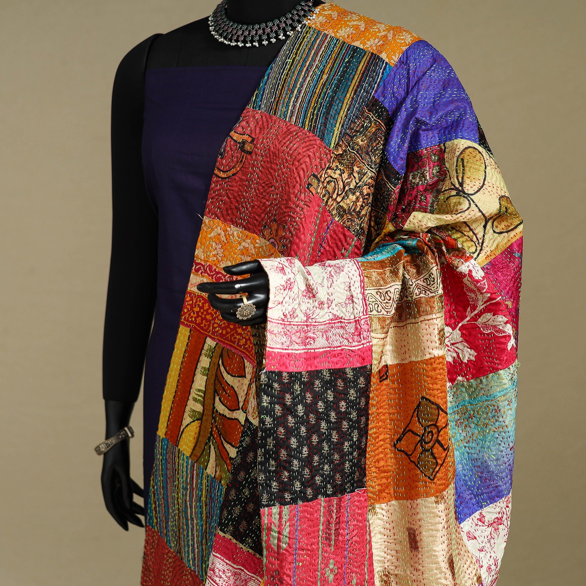 Multicolor - patchwork reversible silk bengal kantha work