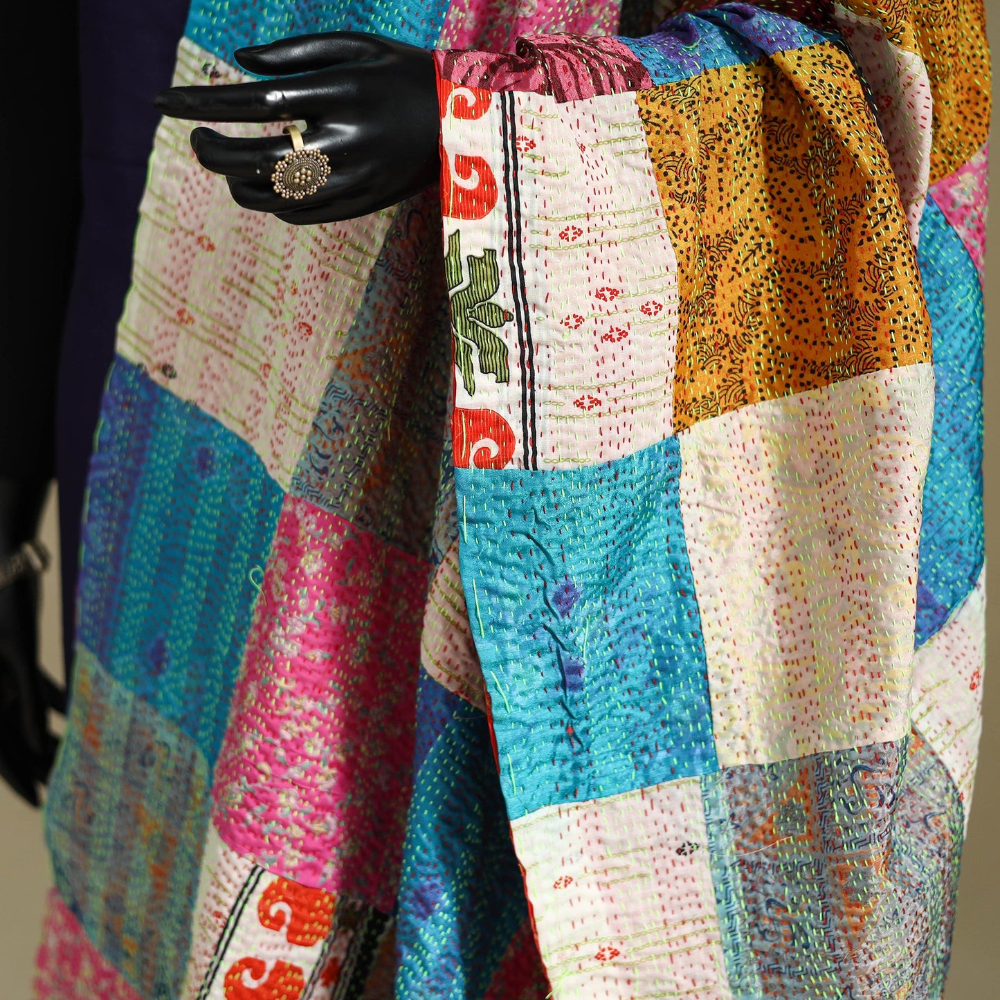 Multicolor - patchwork reversible silk bengal kantha work