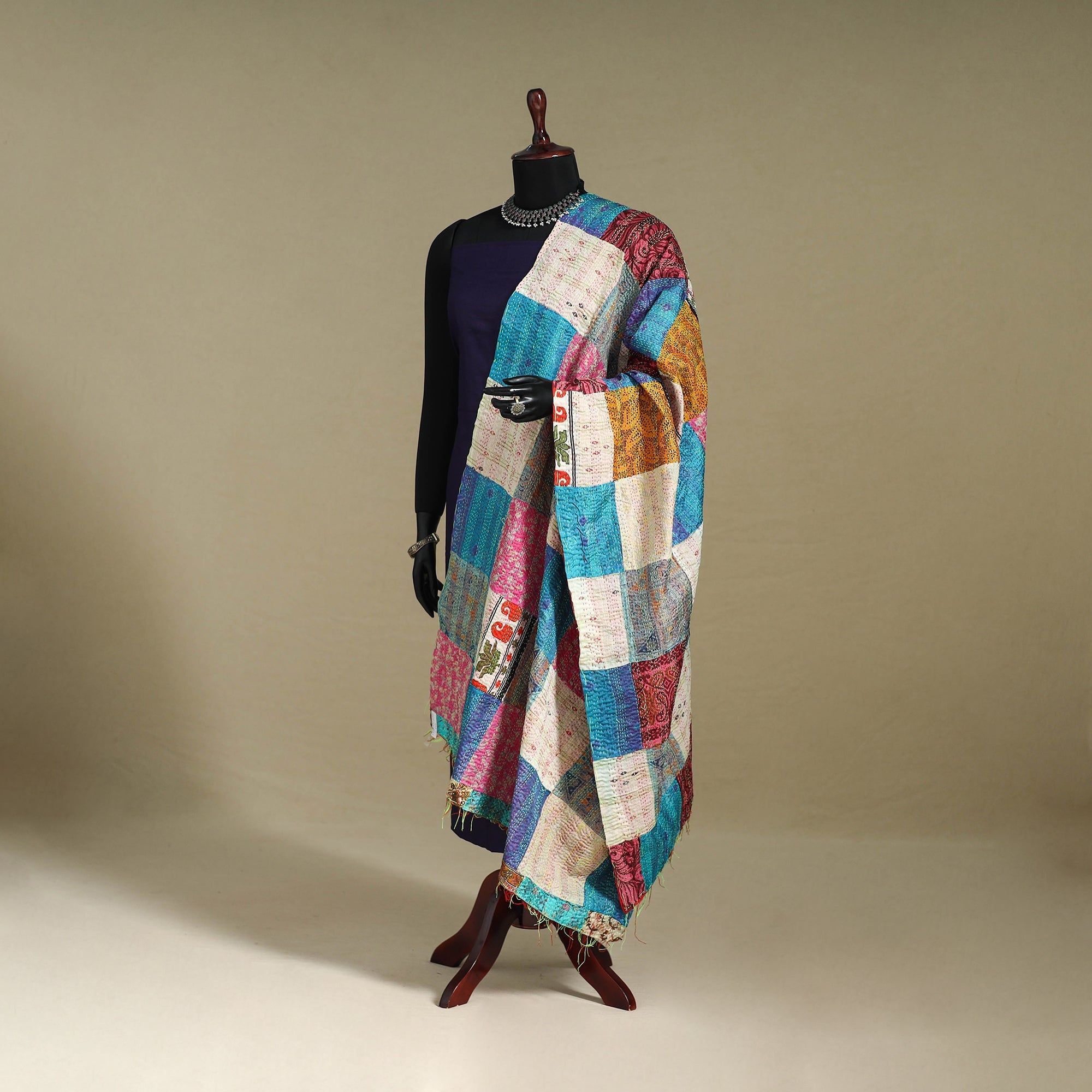 Multicolor - patchwork reversible silk bengal kantha work
